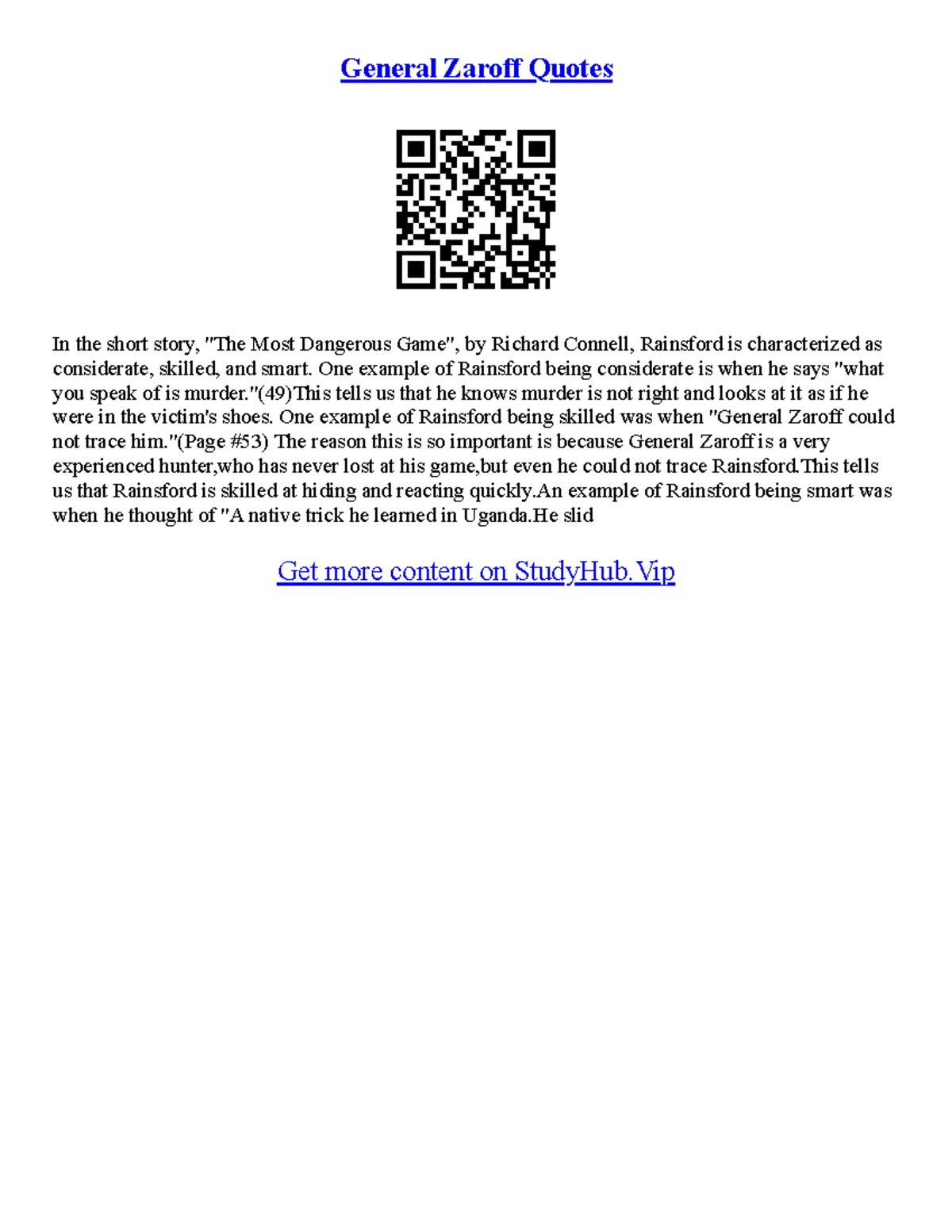 General Quotes For Essays General Zaroff Quotes In the short story