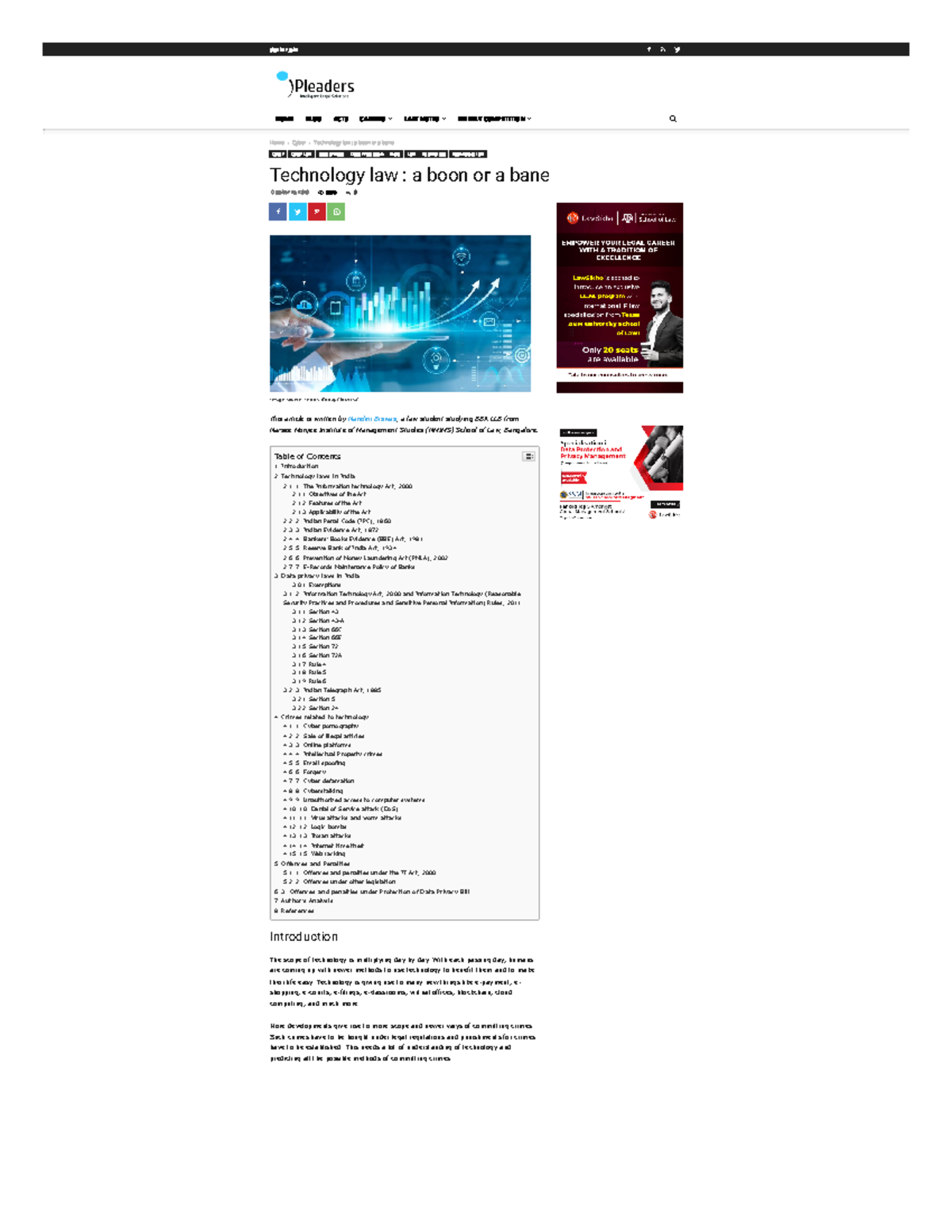 Blog ipleaders in technology law a boon or a bane - HomeCyberTechnology  law : a boon or a bane - StuDocu