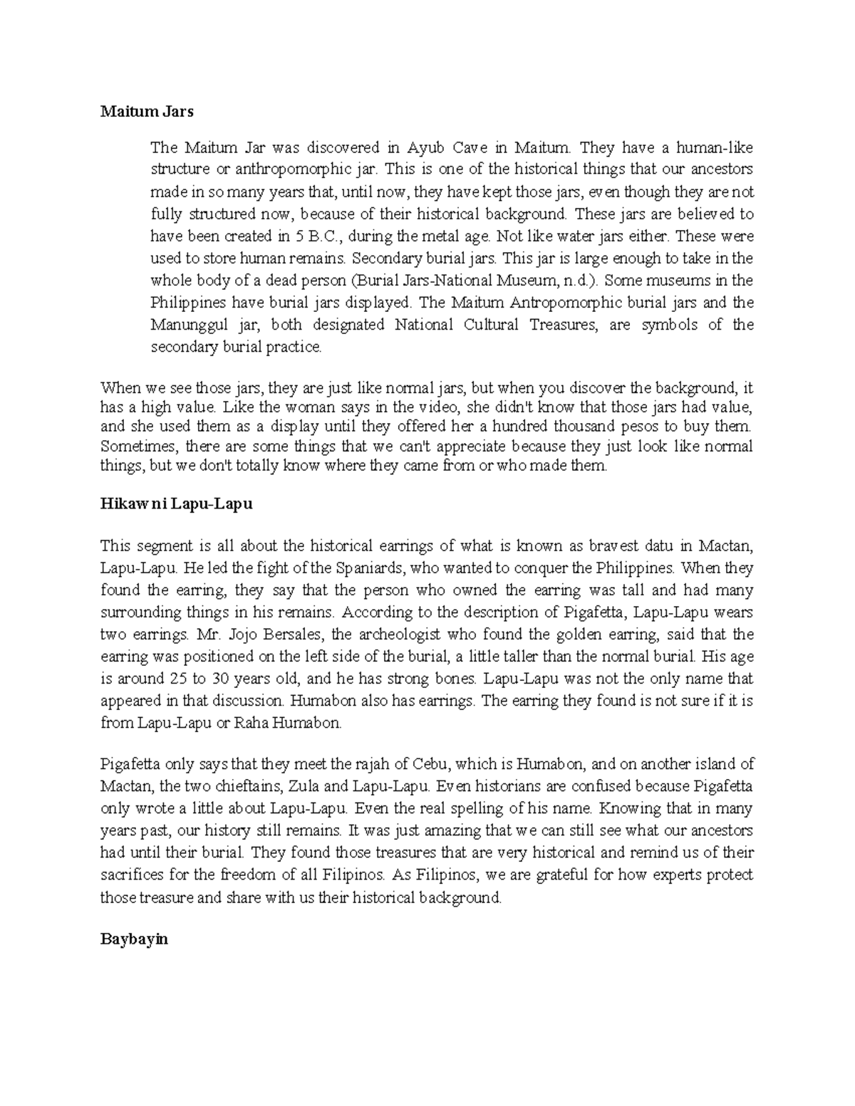 RIPH Activity 1 About Maitum Jar, Baybayin, and Hikaw ni LapuLapu