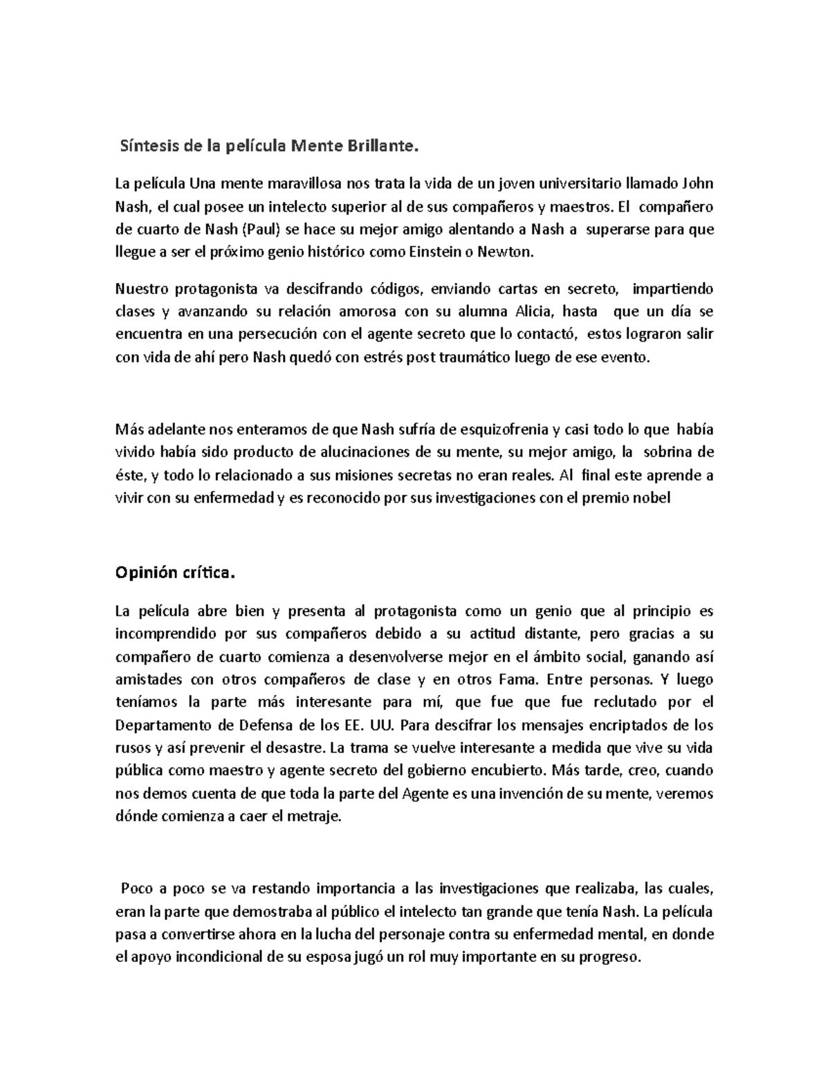 Síntesis de la película Mente Brillante - La película Una mente ...