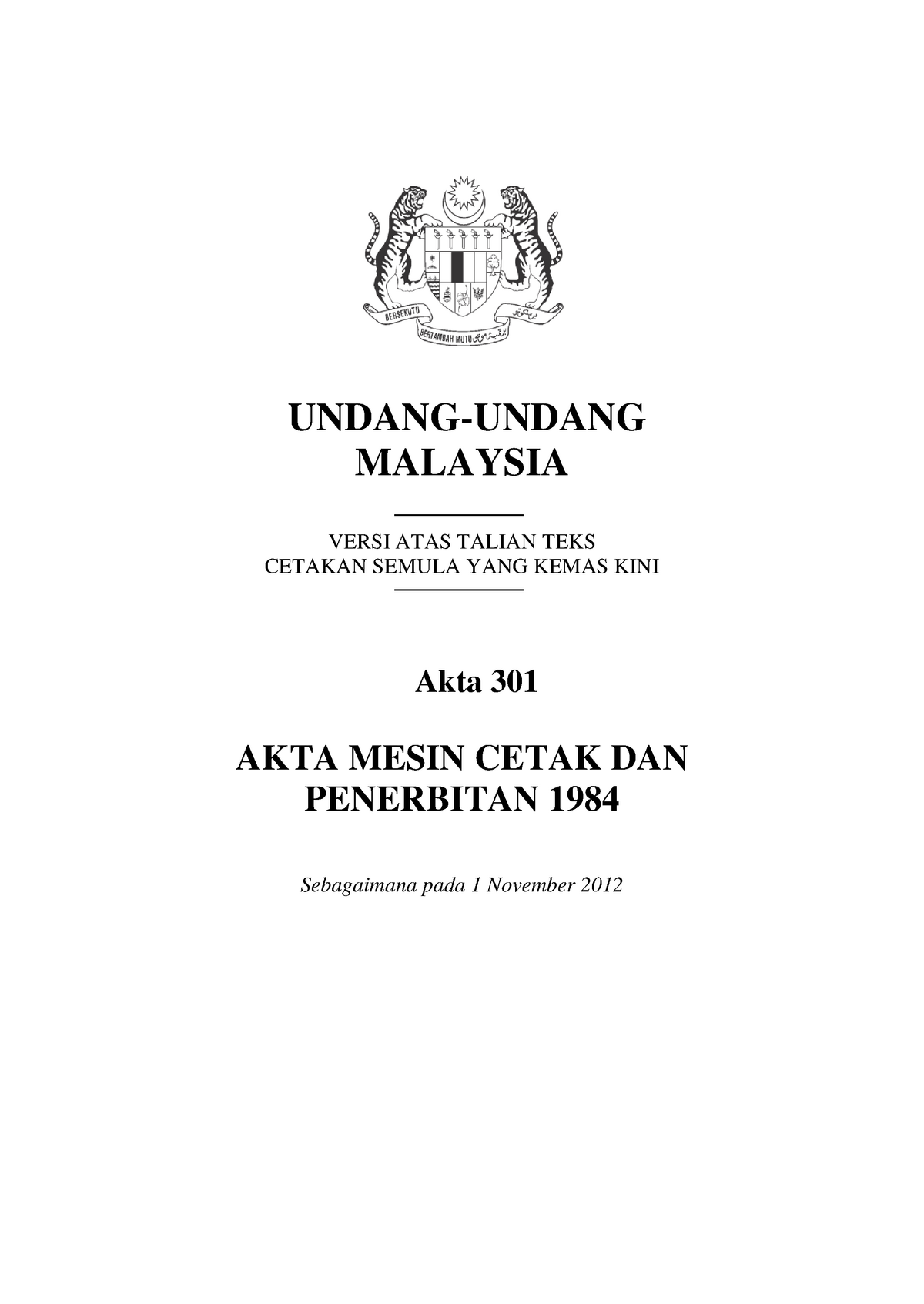 Akta 301 Akta Mesin Cetak Dan Penerbitan 1984 Studocu