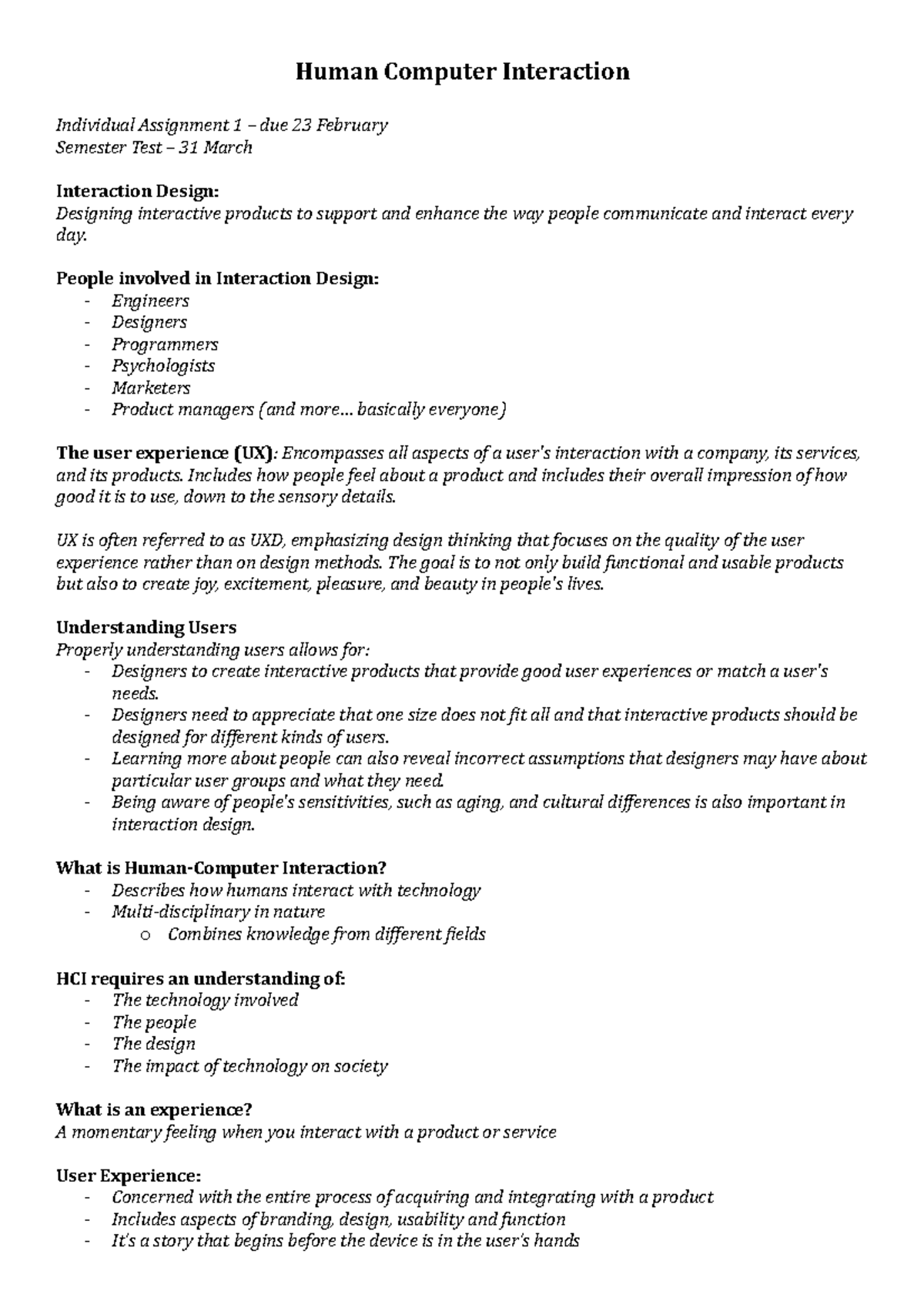 10 February - Summary of Informatics INF 790 Human Computer Interaction ...