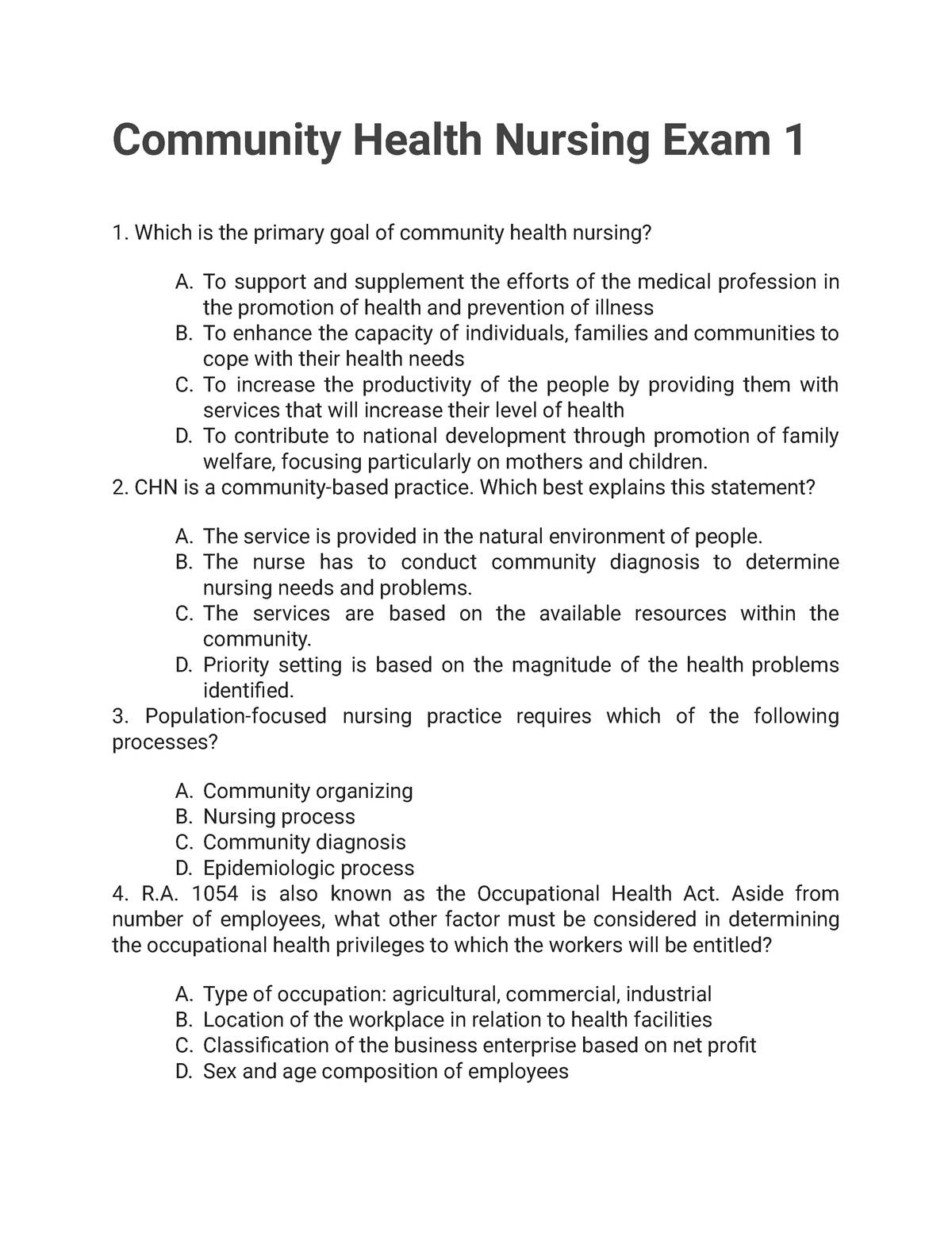 Community Health Nursing Exam 1 - To Support And Supplement The Efforts ...