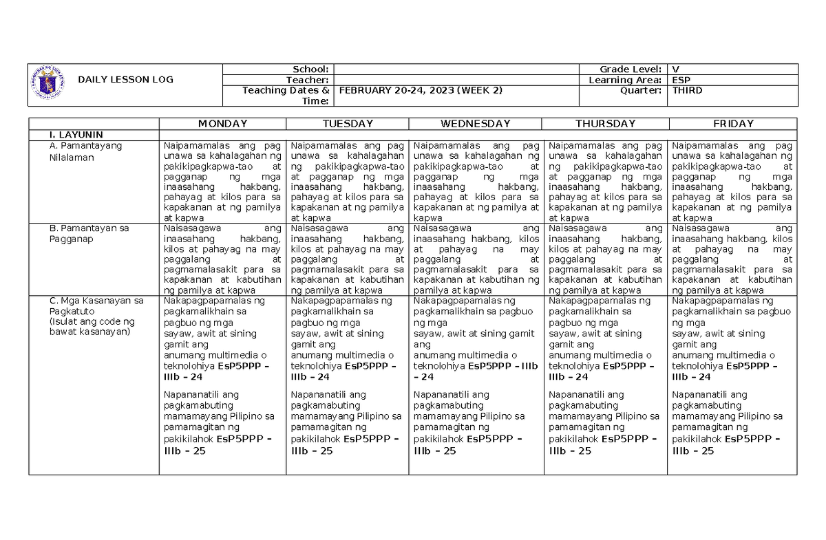 DLL ESP G5 Q3 W2 - DAILY LESSON LOG School: Grade Level: V Teacher ...