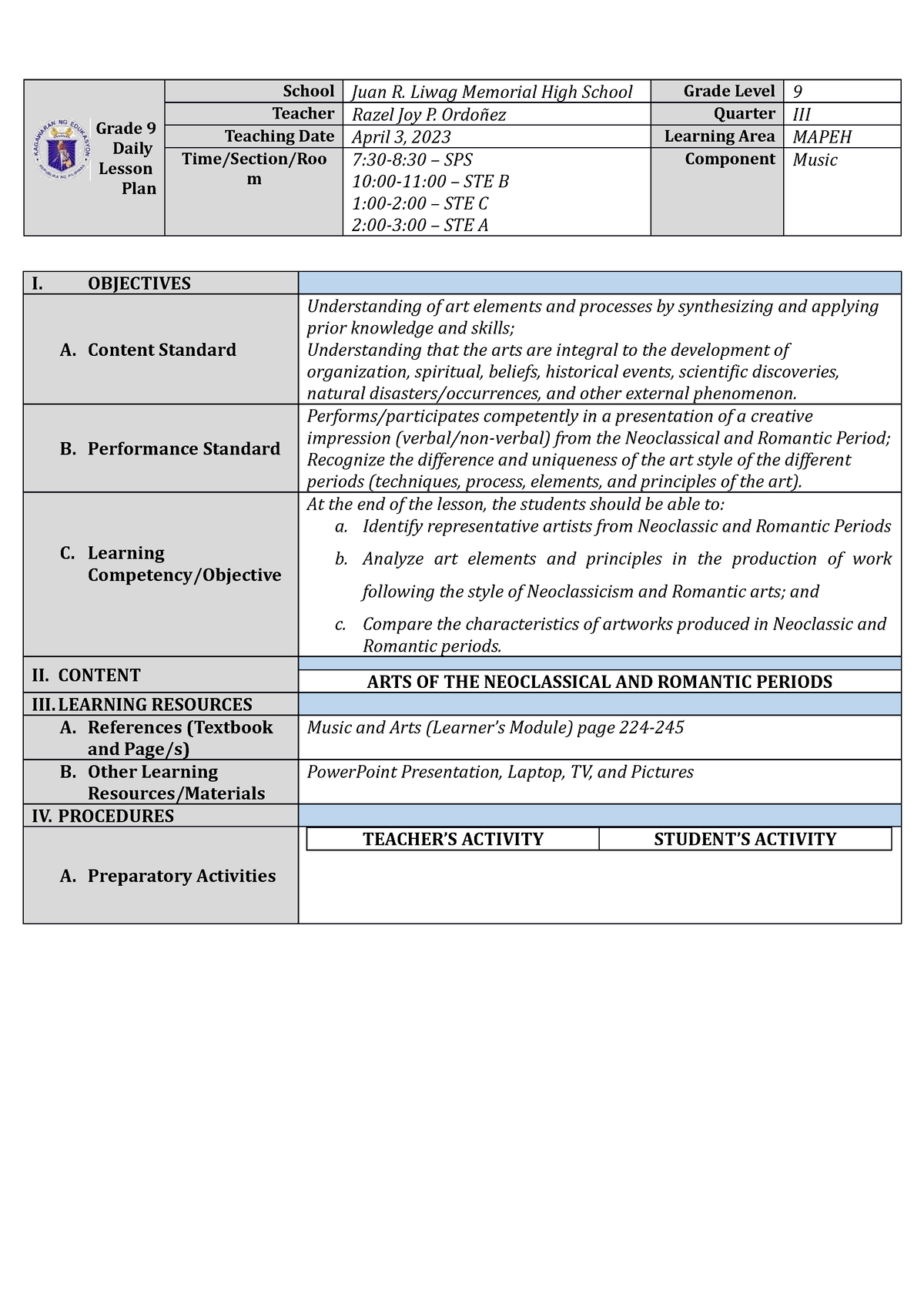 Detailed Lesson PLAN IN ARTS 9 (P - Grade 9 Daily Lesson Plan School ...