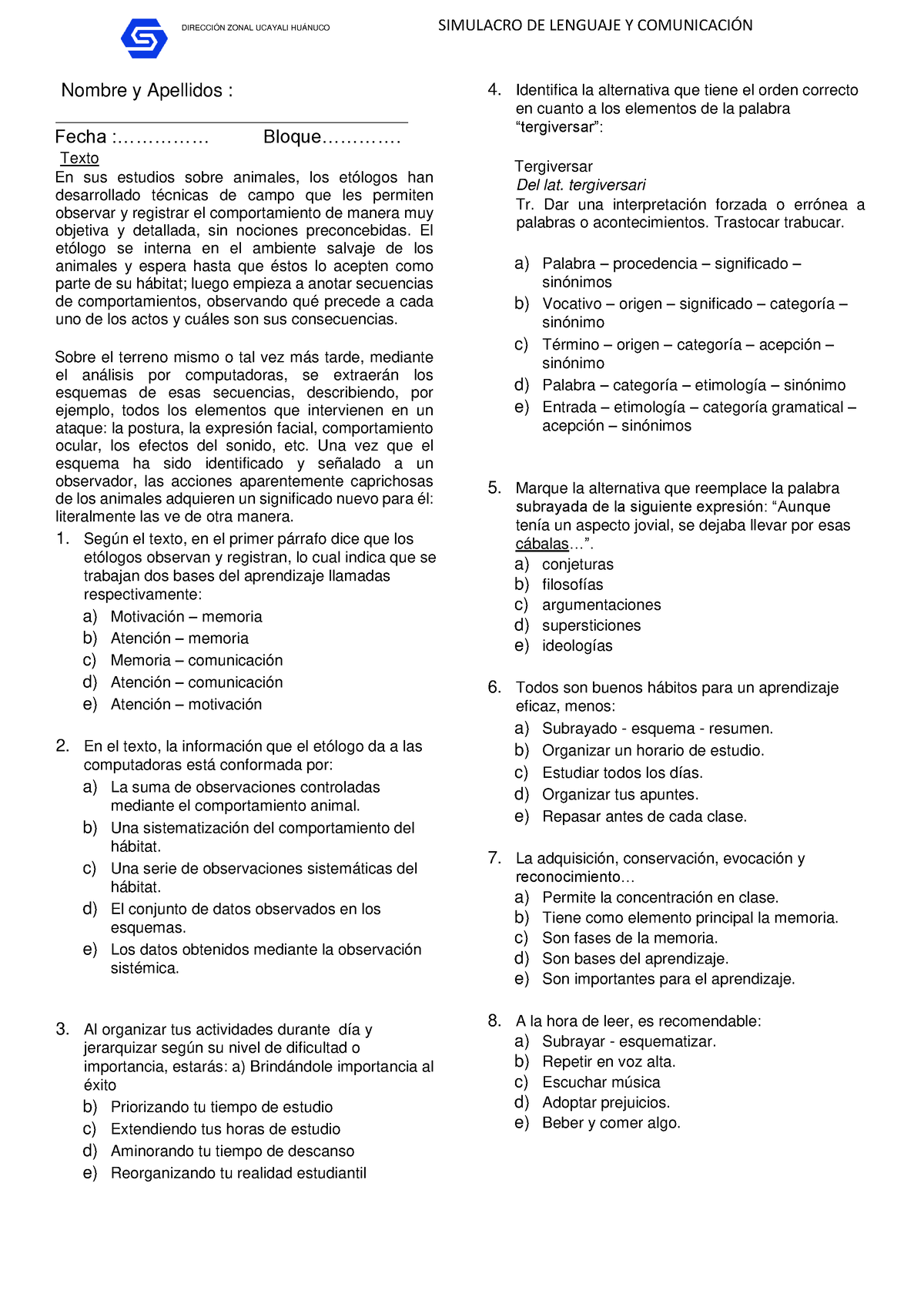 Simulacro Lenguaje Y Comunicación - DIRECCIÓN ZONAL UCAYALI HUÁNUCO ...