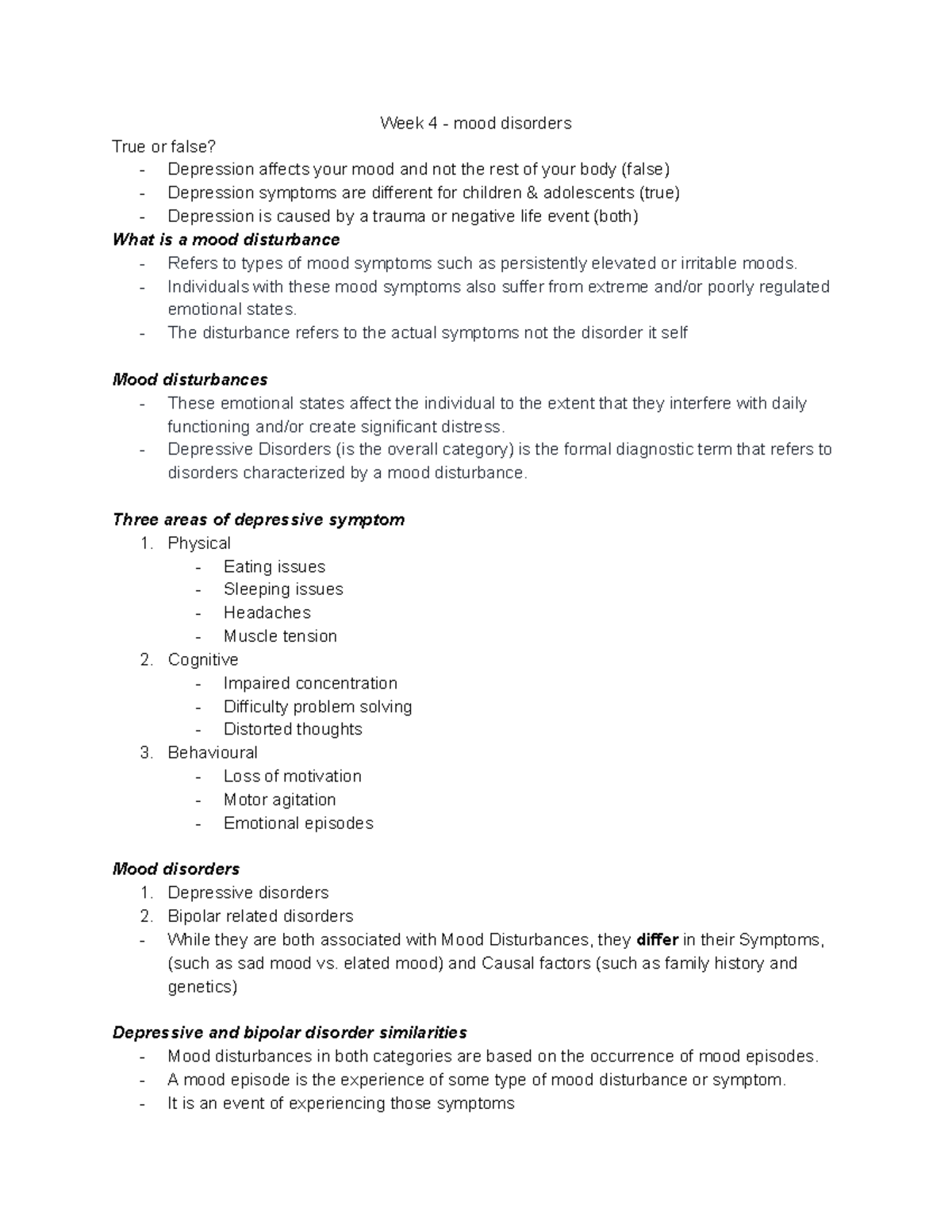 Week 4 sep 27 tech 2 - Lecture notes 4 - Week 4 - mood disorders True ...
