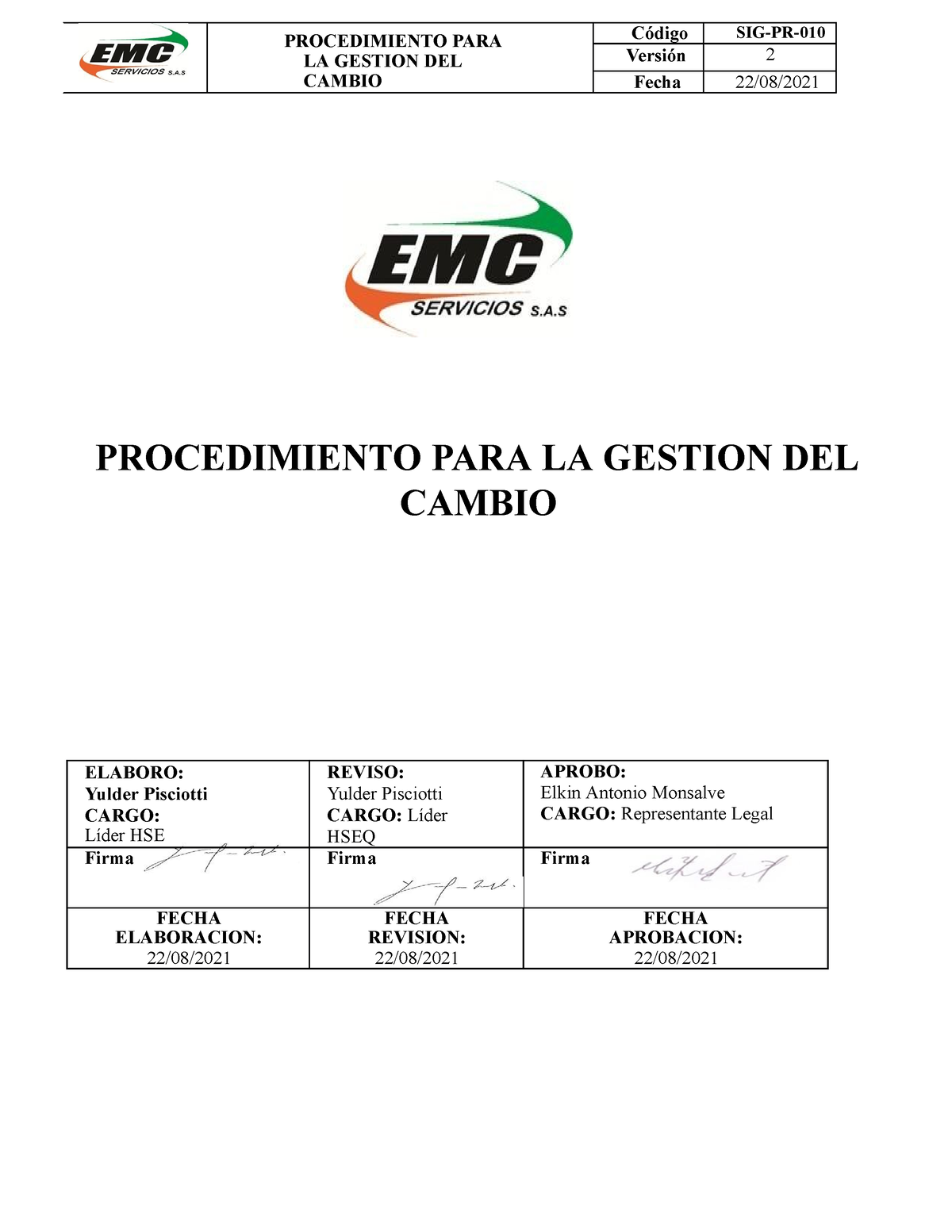 SIG-PR-010 Procedimiento Gestion Del Cambio - V2 (1) - PROCEDIMIENTO ...