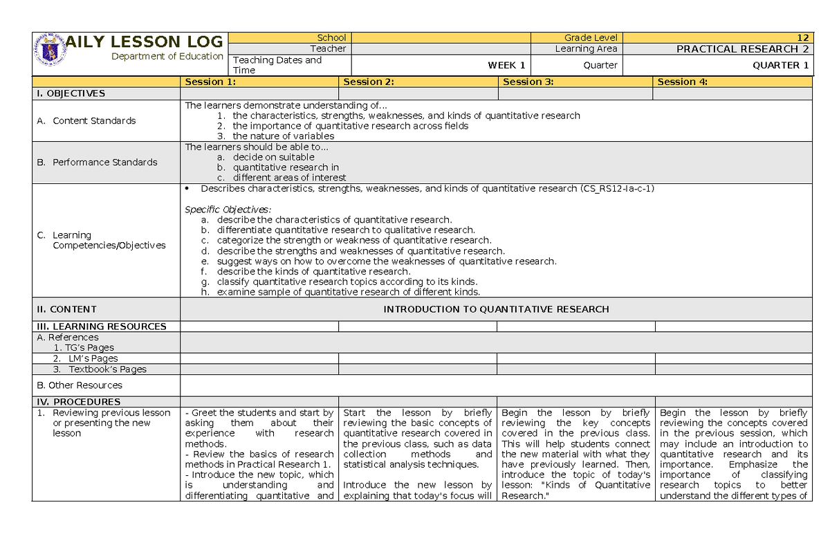 Practical Research 2 - DAILY LESSON LOG Department of Education School ...