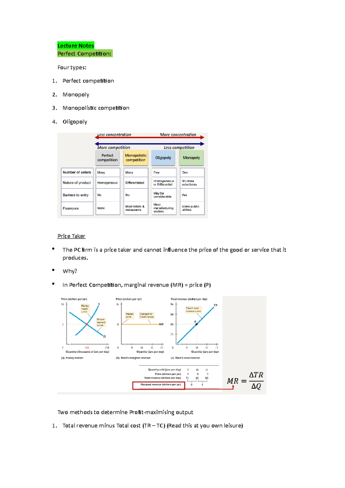 Week 6 - Week 6 Lecture notes - Lecture Notes Perfect Competition: Four ...