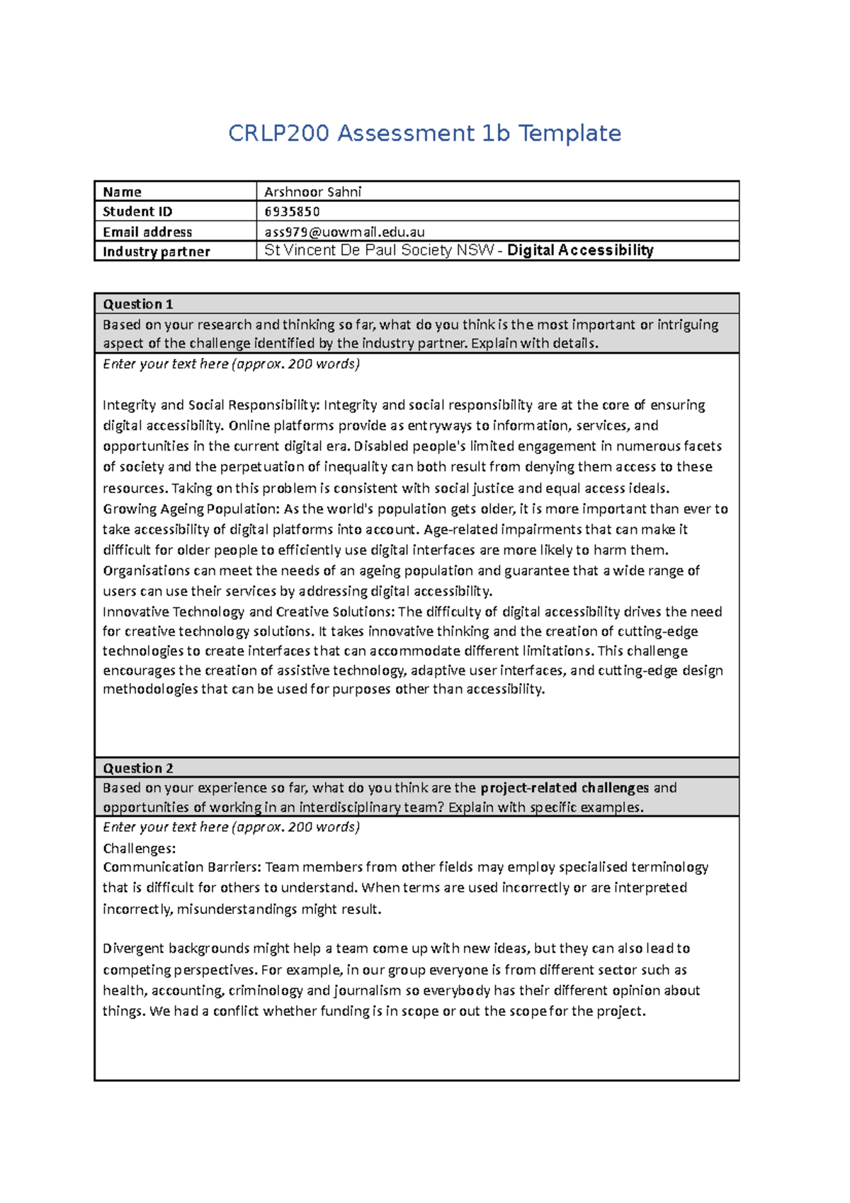 Assessment 1b template - CRLP200 Assessment 1b Template Name Arshnoor ...