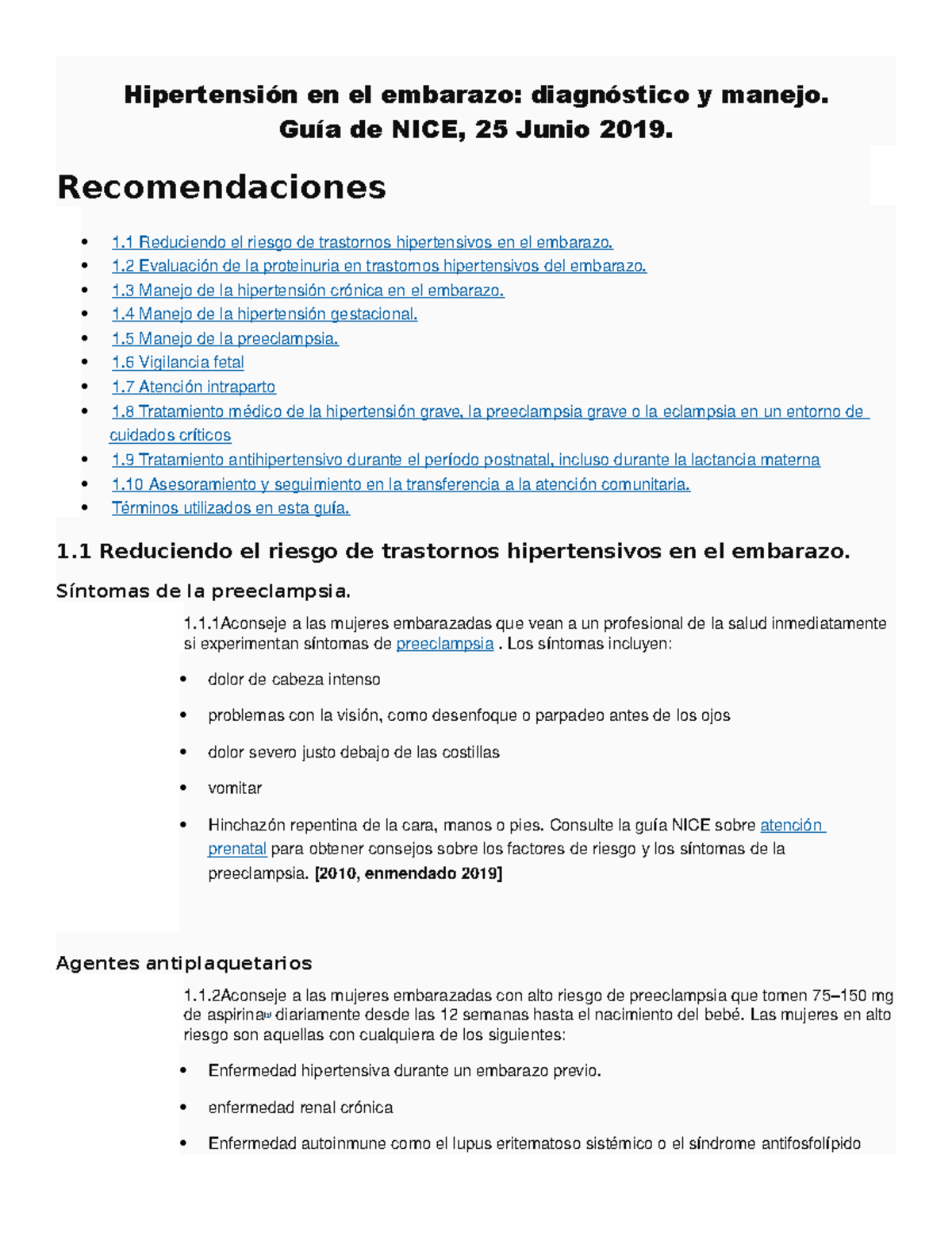 Hta Y Preeclampsia Nice 19 Hipertensi En El Embarazo Diagn Stico Manejo Gu De Nice 25 Junio 19 Recomendaciones Reduciendo El Riesgo De Trastornos Studocu