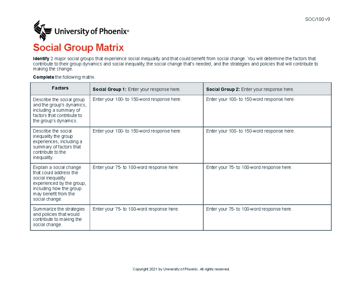 Soc100 V9 Wk5 Social Group Matrix Soc 100 V Social Group Matrix Identify 2 Major Social Groups