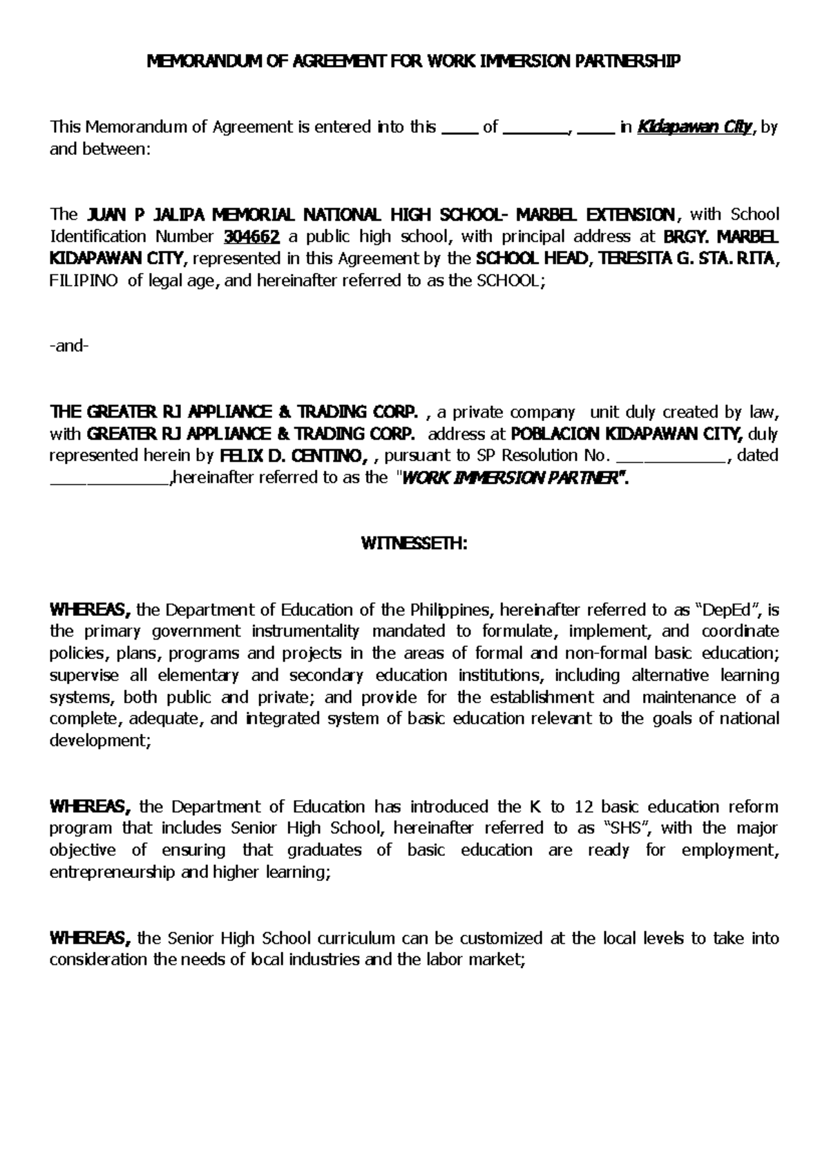MOA brgy marbel - moa - MEMORANDUM OF AGREEMENT FOR WORK IMMERSION ...
