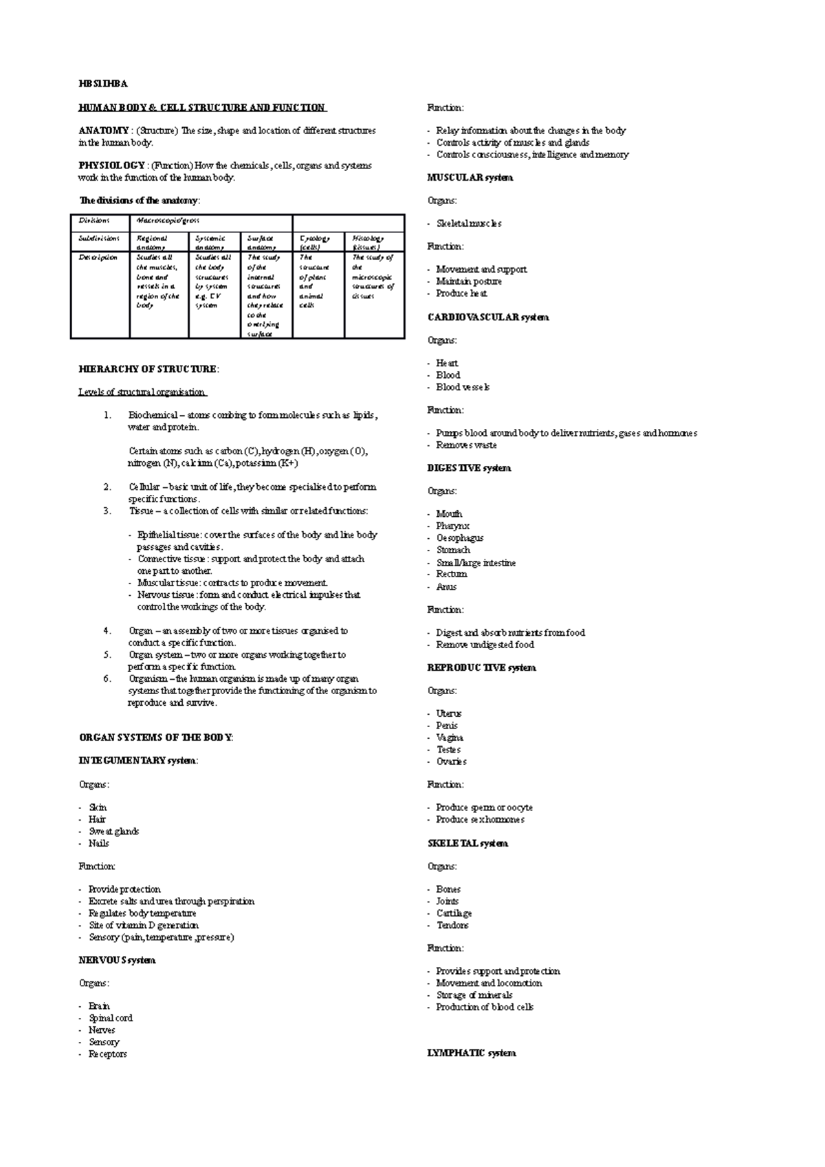 HBS1HBA SEM 1 - Summary - HBS1IHBA HUMAN BODY & CELL STRUCTURE AND ...