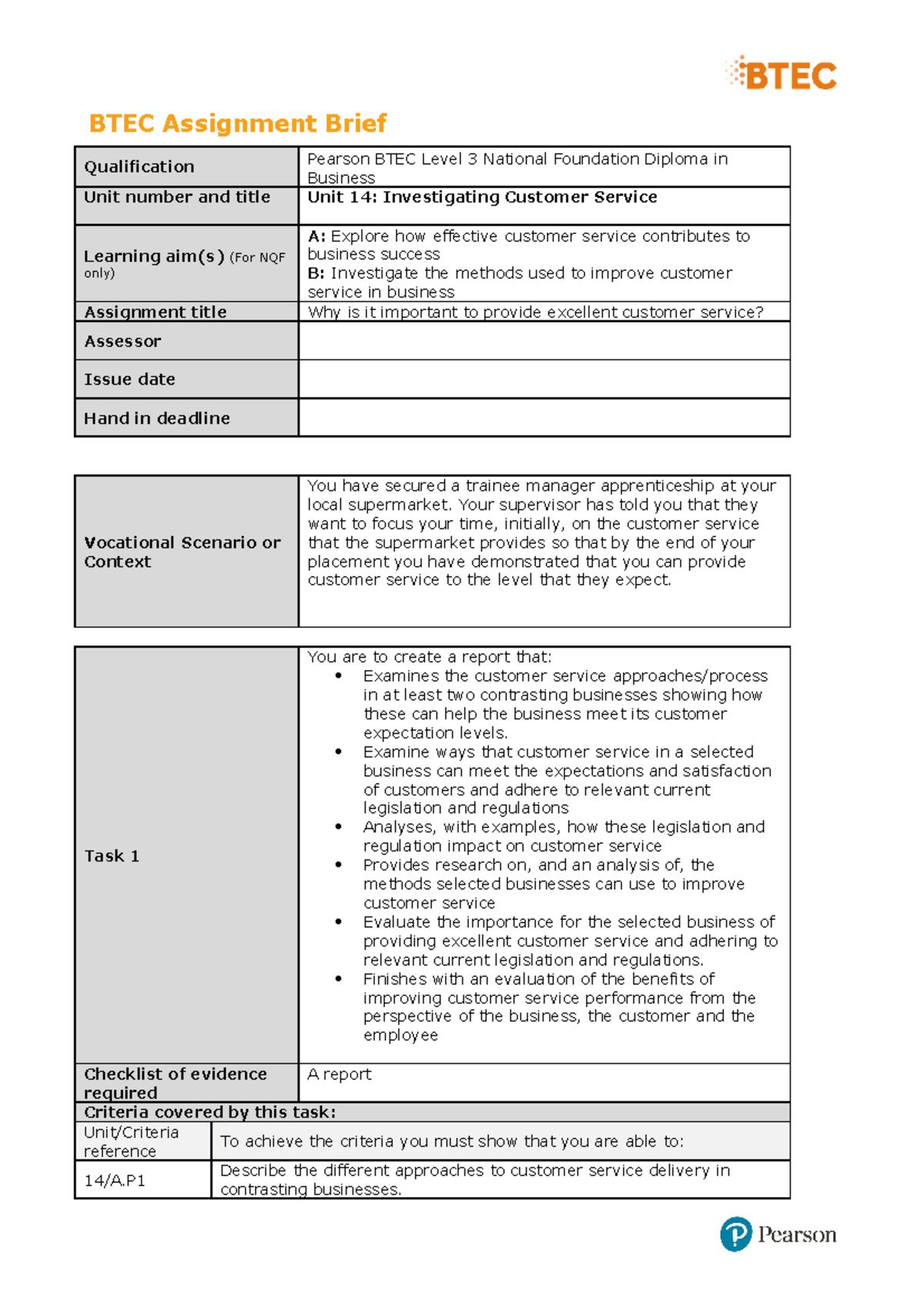 unit 14 investigating customer service assignment 1