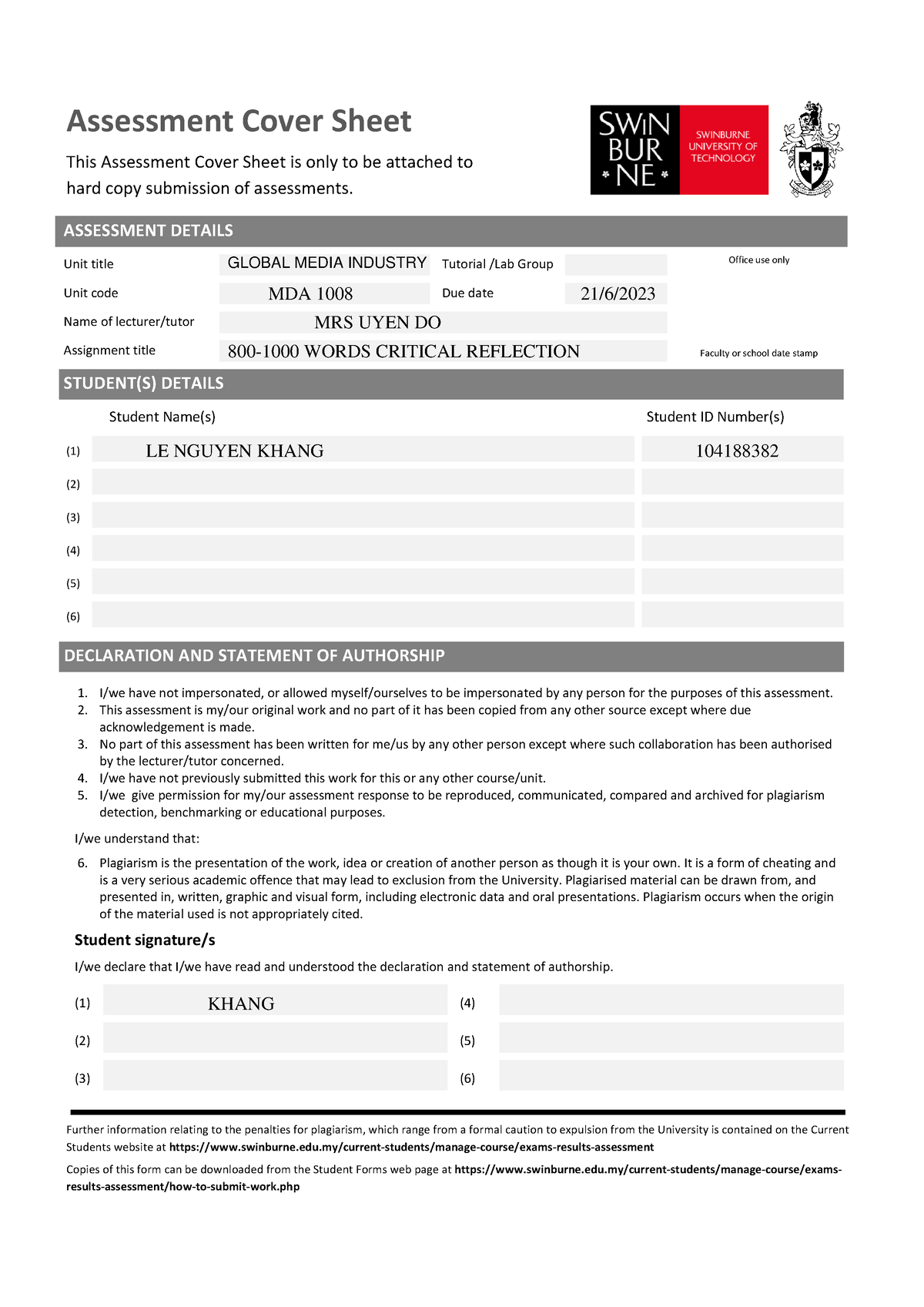 800 words critical reflection - Assessment Cover Sheet This Assessment ...