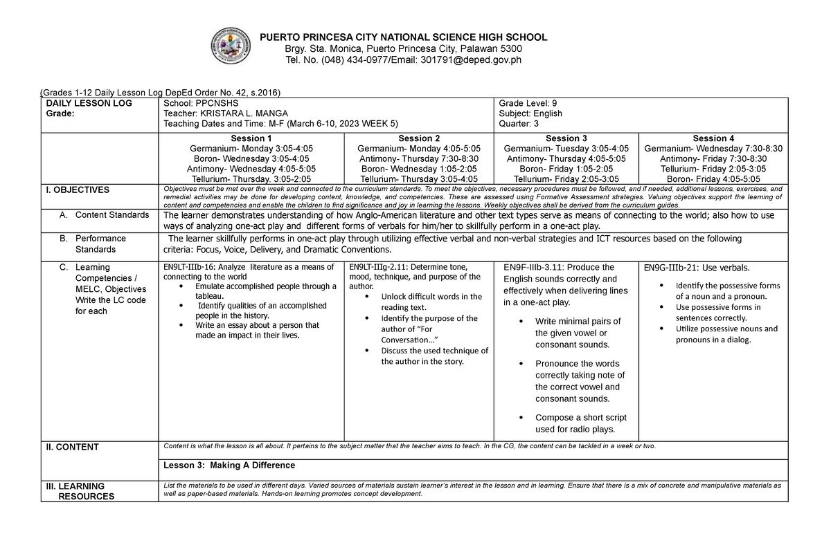 DLL G9 Q3 W5 - Quarter 3 week five daily lesson log in English 9 ...