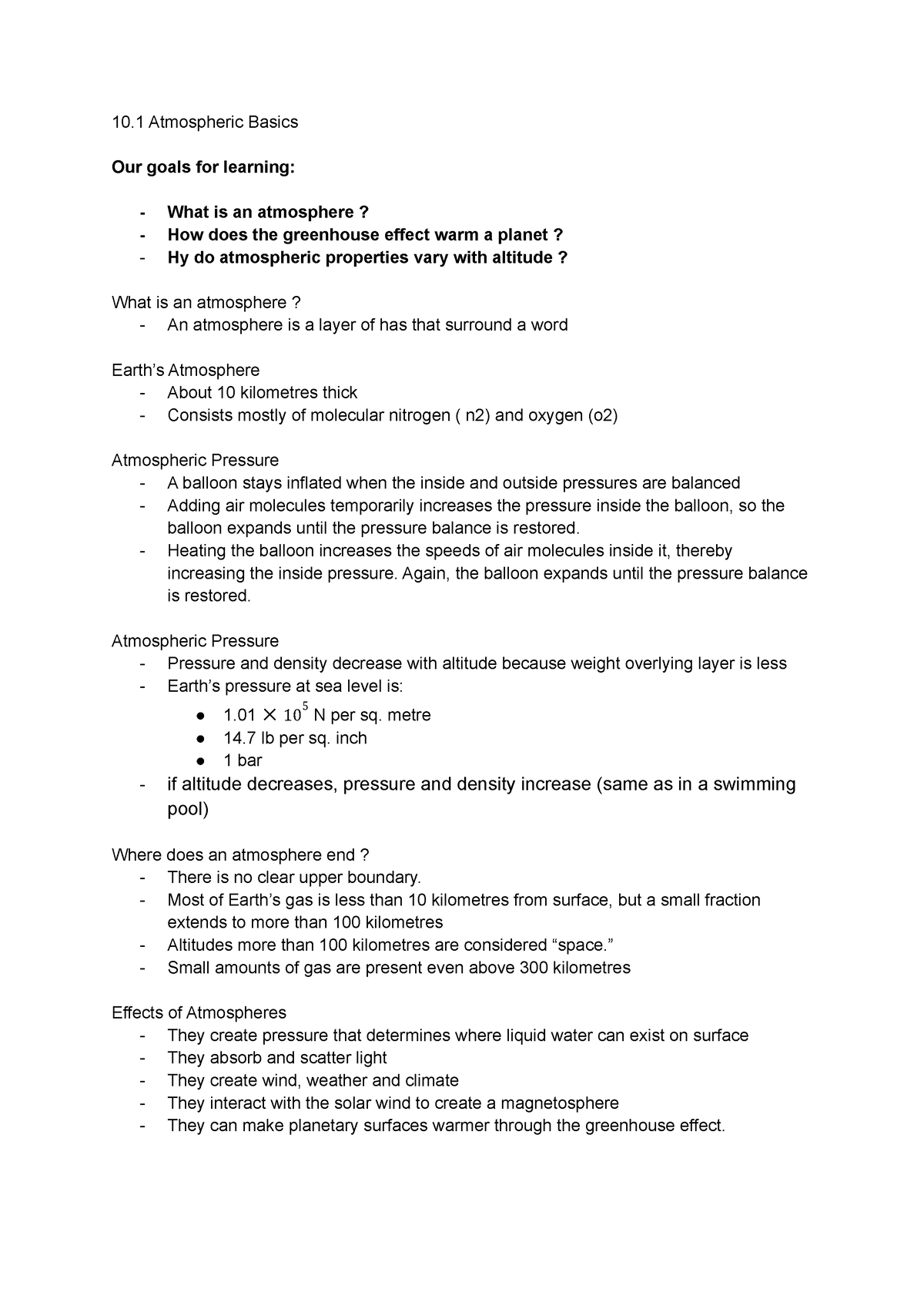 Chapter 10.1 (ASTR) - NOTES FROM CLASS 10.1 - 10 Atmospheric Basics Our ...