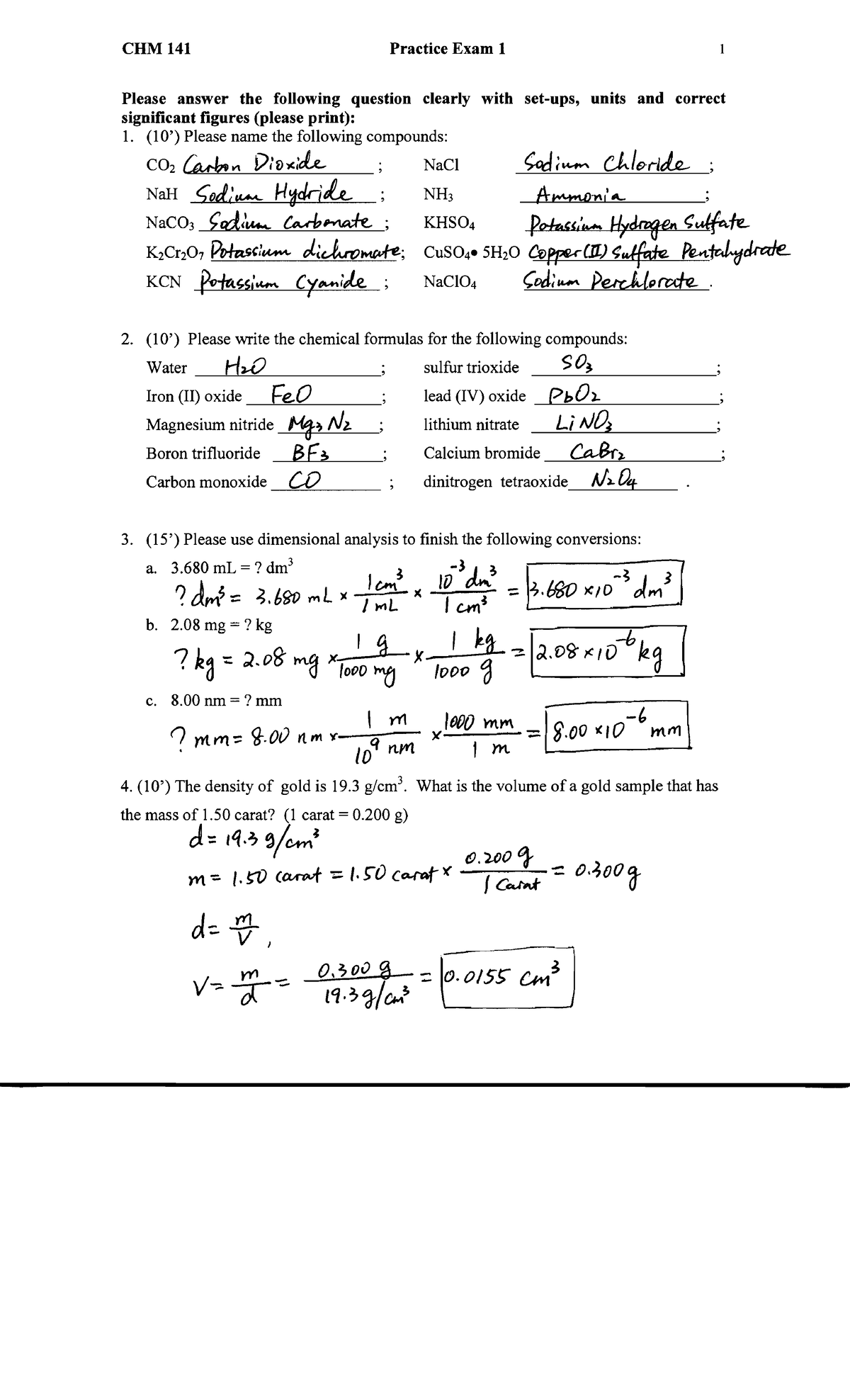 Practice Exam1 Solution - Practice Exam 1 CHM 141 Please Answer The ...