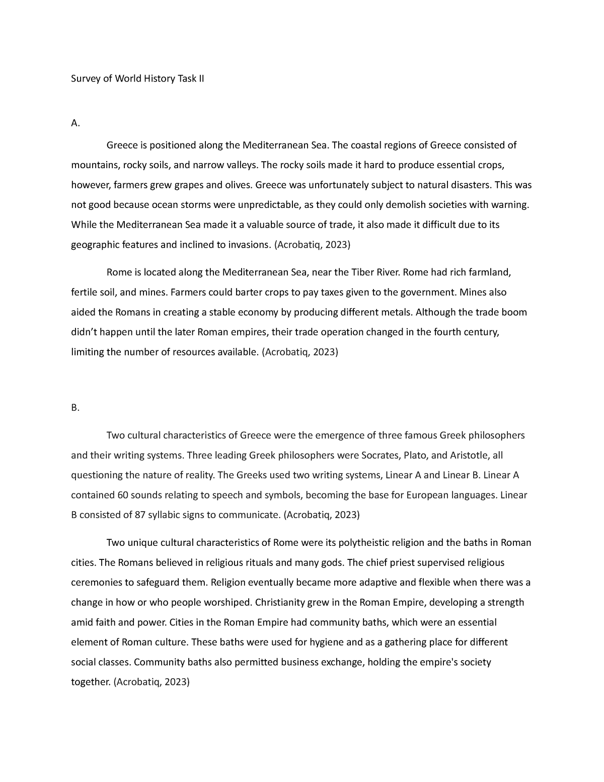 Survey of World History BCM1- Task 2 - Survey of World History Task II ...