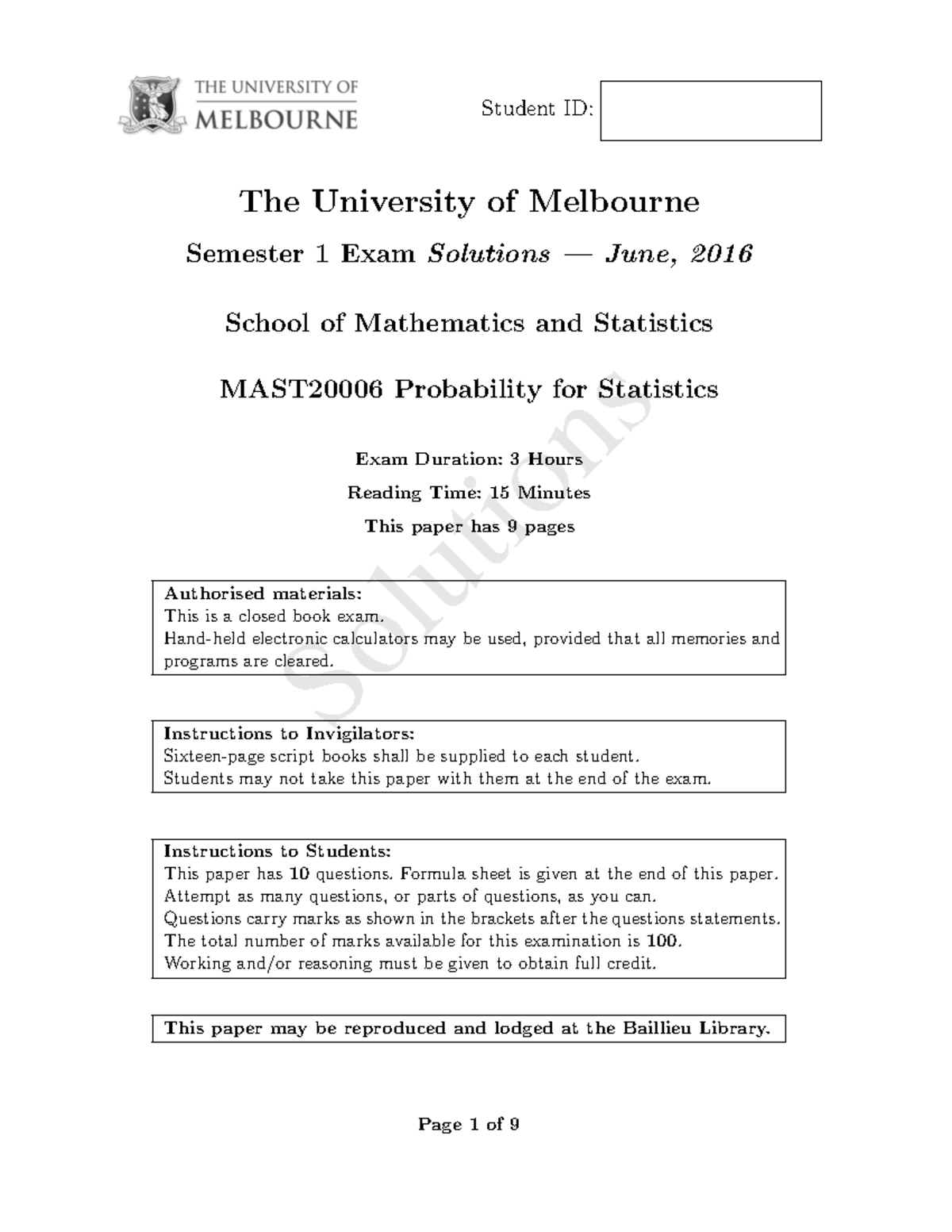 Exam June 2016, answers - Student ID: ! The University of Melbourne ...