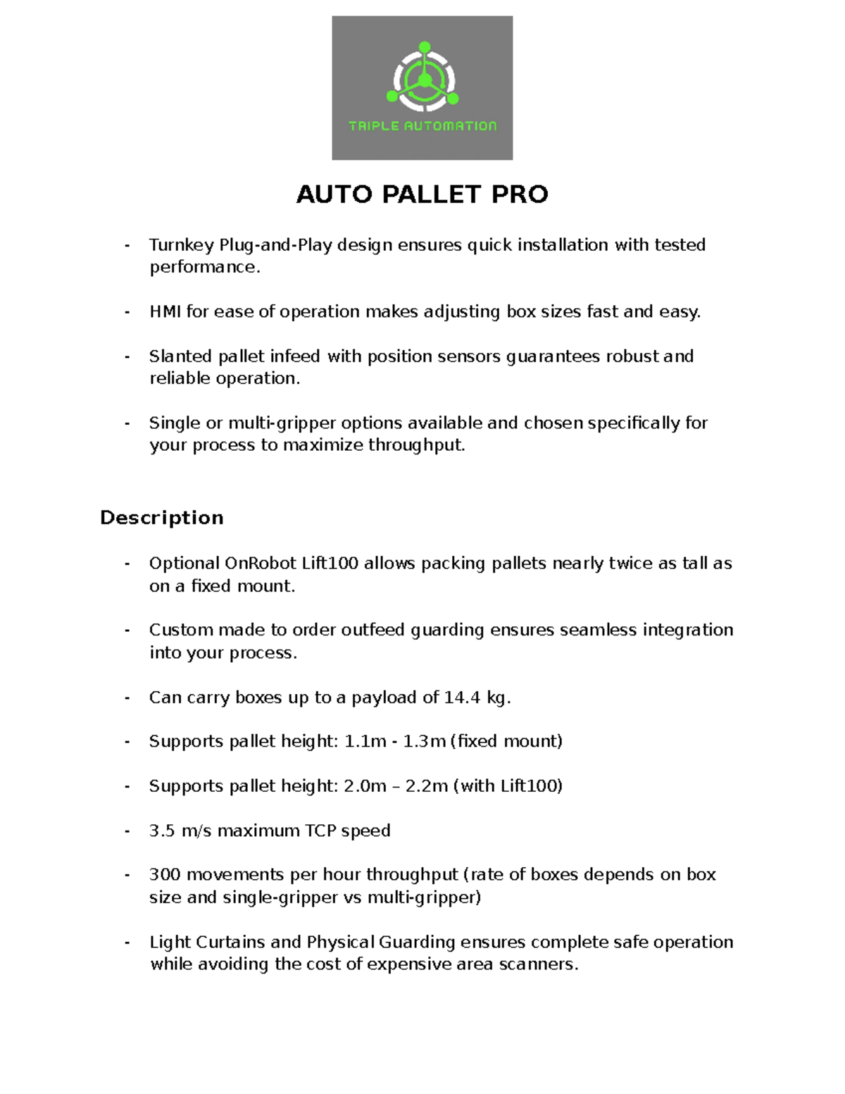 APP Info Sheet - notes on the app - AUTO PALLET PRO - Turnkey Plug-and ...