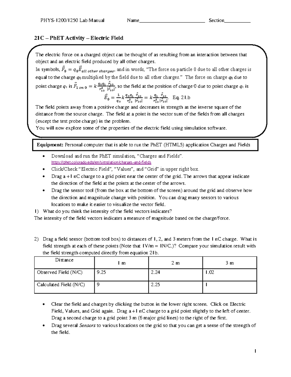 Lab2 Phys 2 lab 21C PhET Activity Electric Field Download and run the PhET simulation