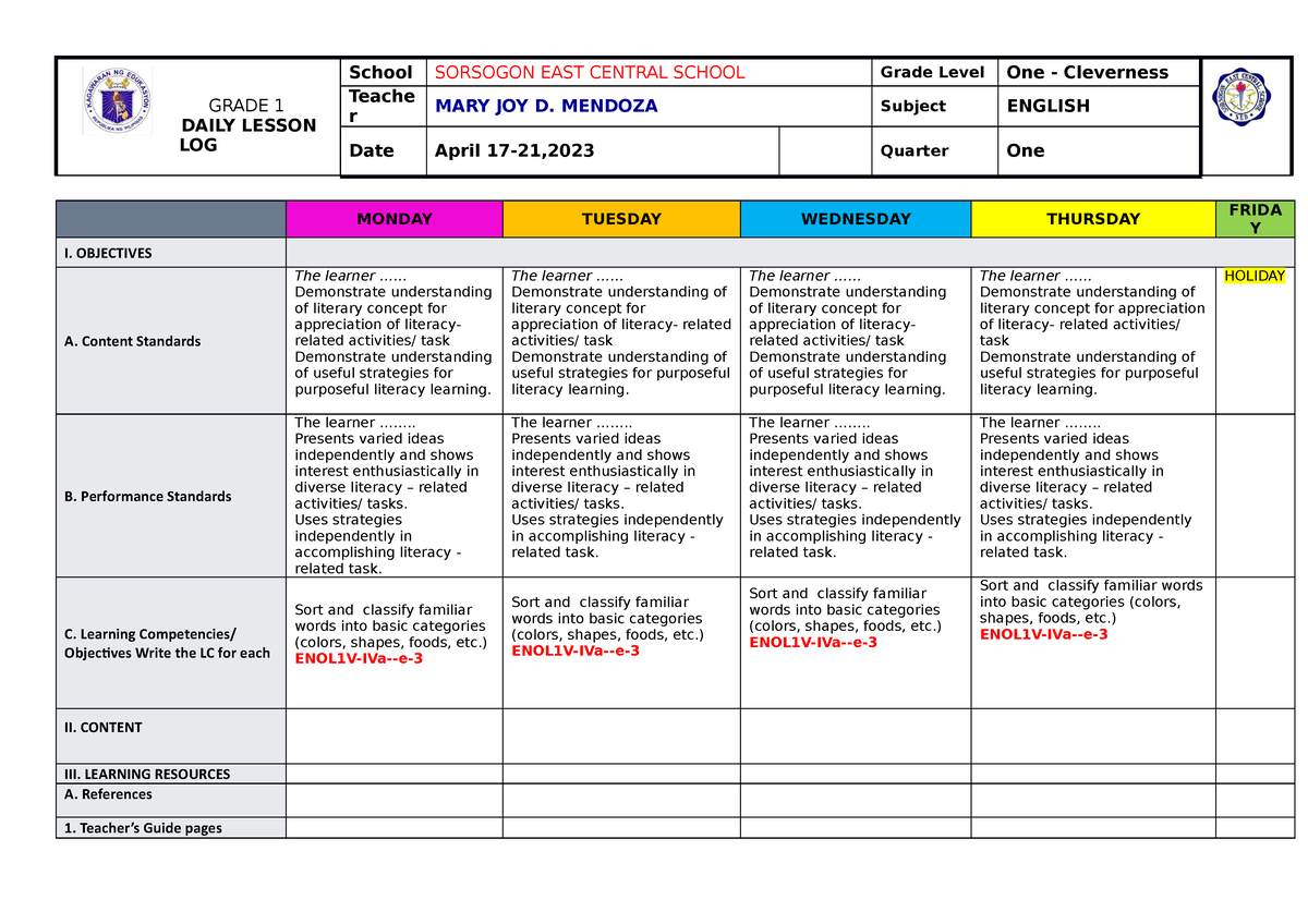 English Third Quarter WEEK 4 - GRADE 1 DAILY LESSON LOG School SORSOGON ...