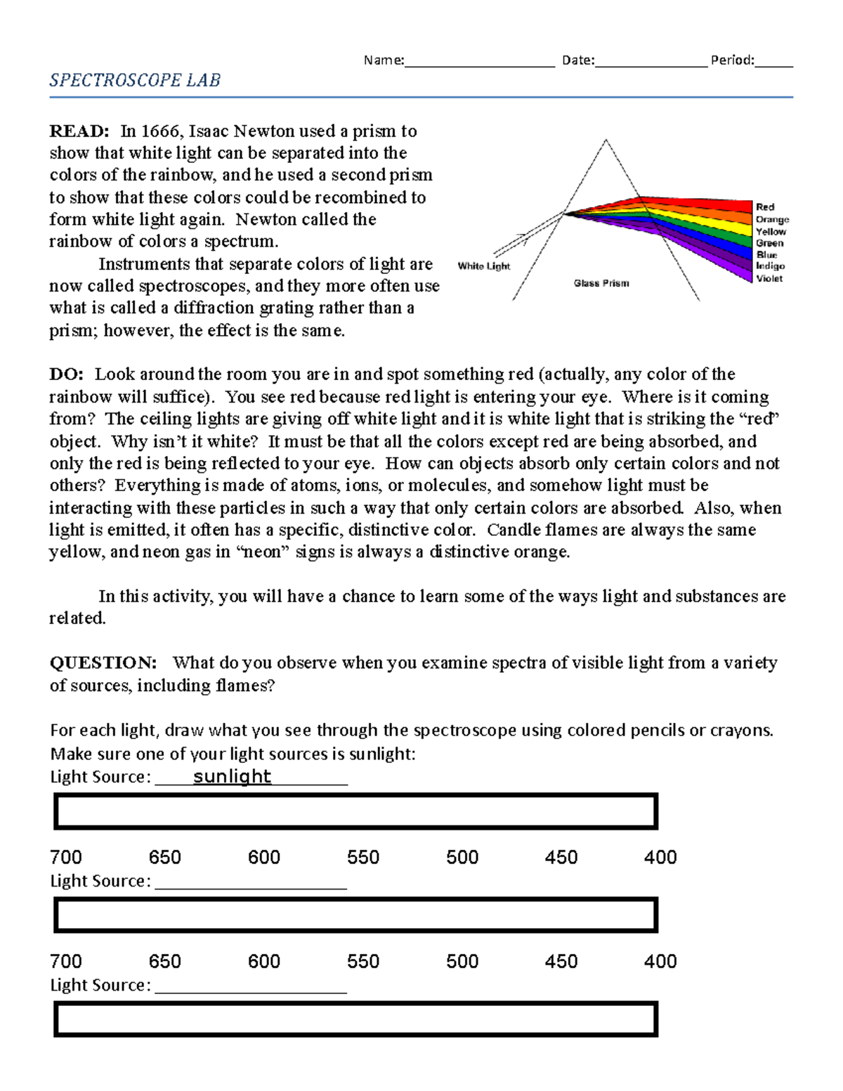 Spectroscope LAB MAP Bio assignment Name____________________ Date