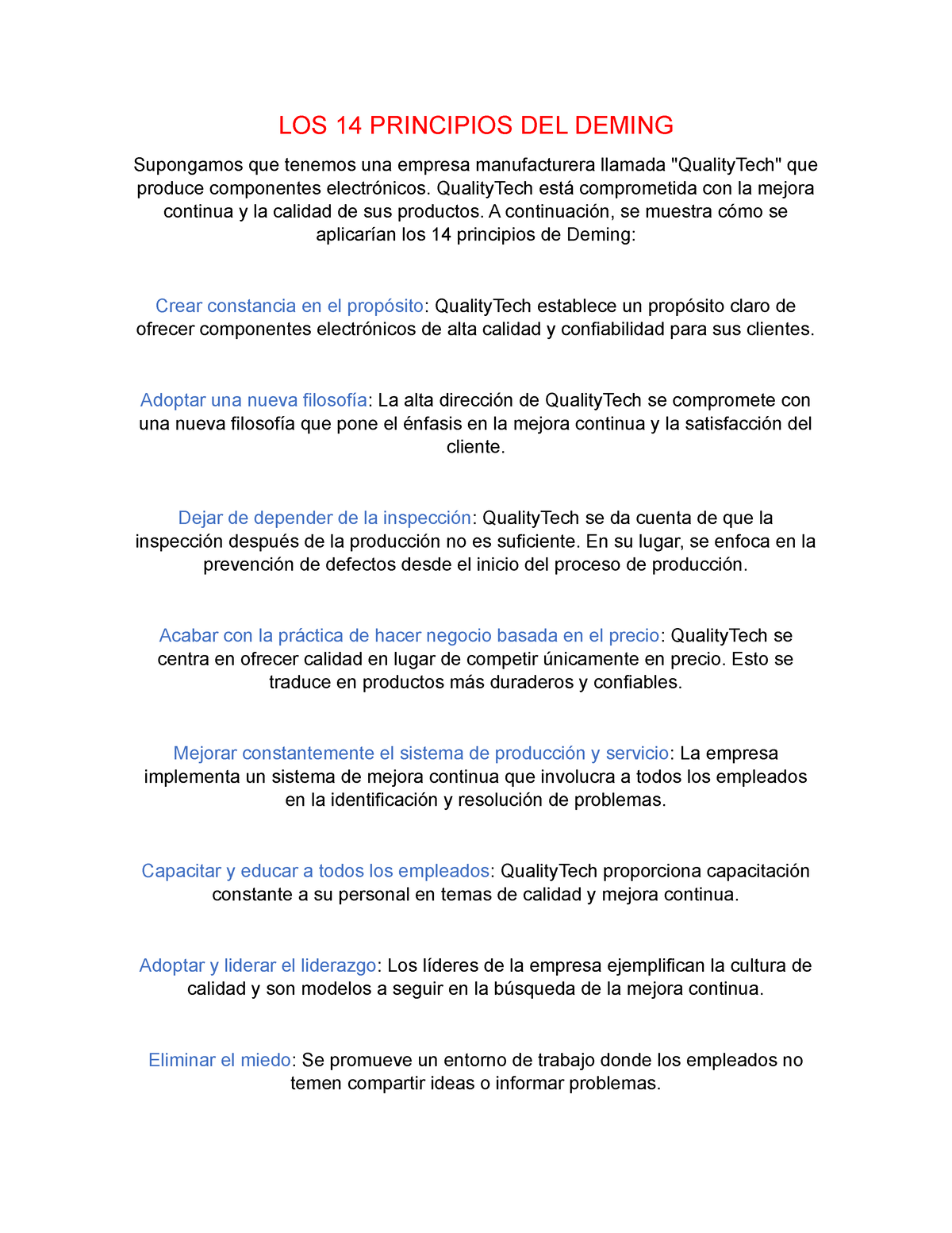 Ejemplo Aplicativo De LOS 14 Principios DEL Deming Y RUTA DE LA Calidad ...