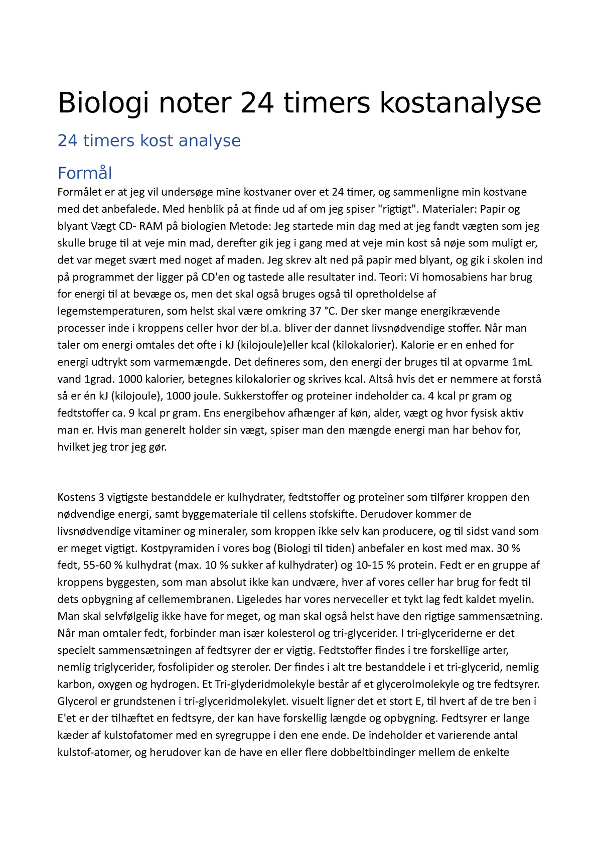 Biologi Noter 24 Timers Kostanalyse - Biologi Noter 24 Timers ...