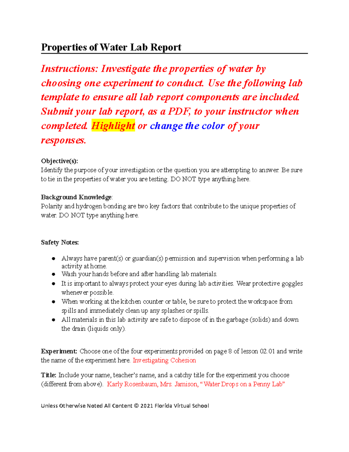 Karly Rosenbaum Biology 02 01 properties of water lab report 1