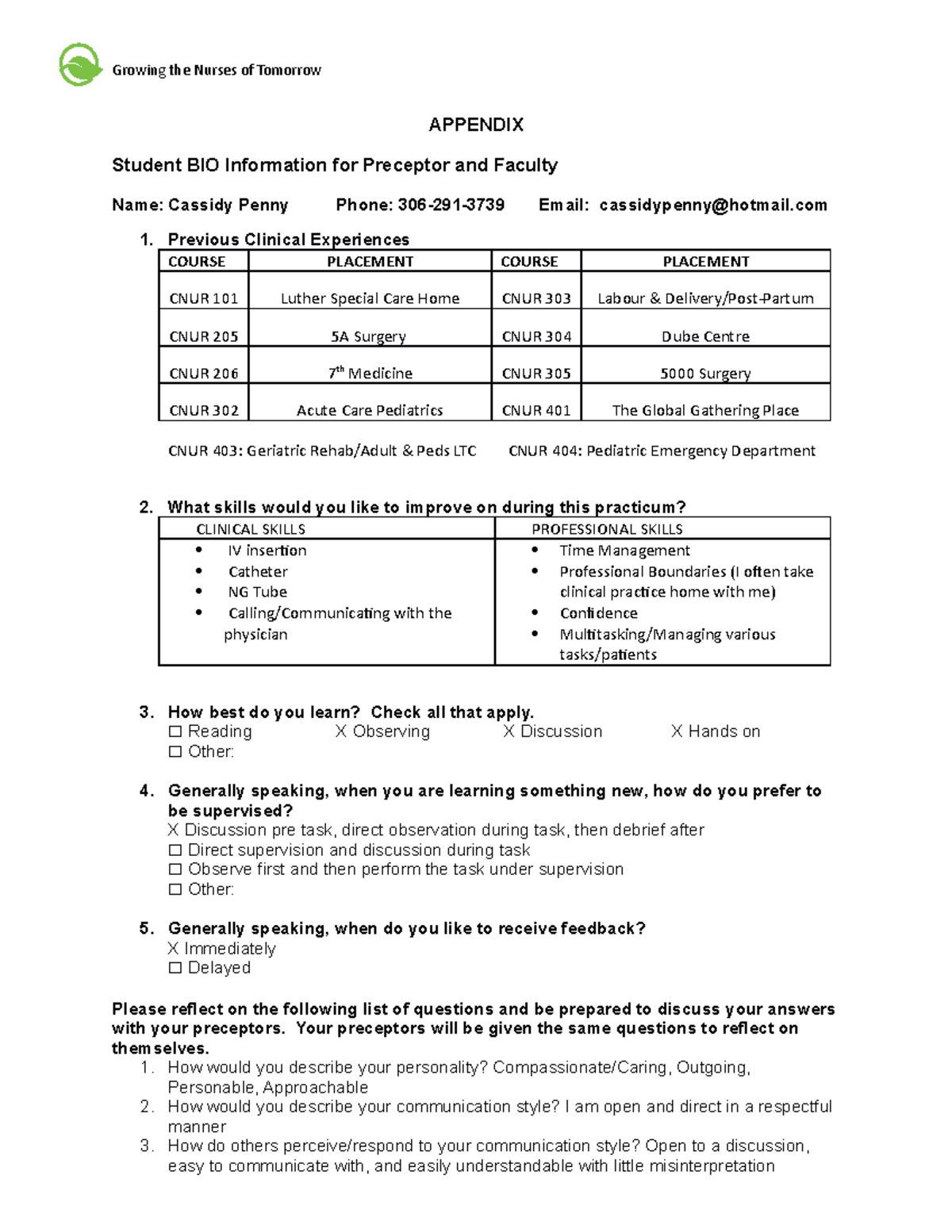Cassidy Penny - Student Bio Sheet - Growing the Nurses of Tomorrow ...