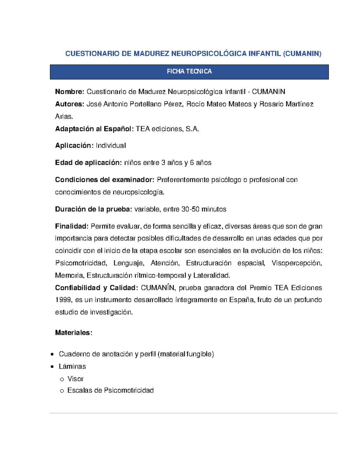 Cuestionario De Madurez Neuropsicológica Infantil Derecho Empresarial