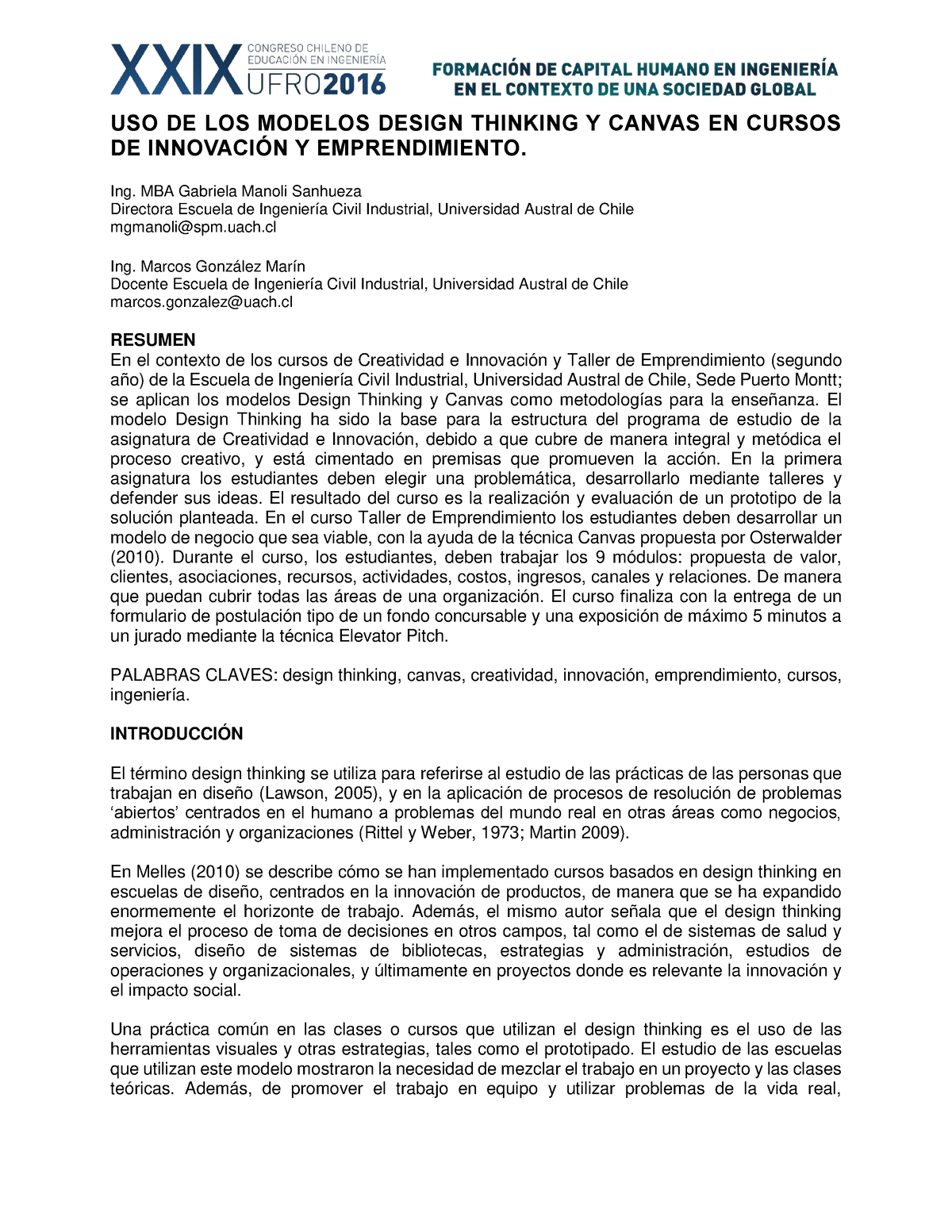 Sochedi 2016 paper 43 VF - USO DE LOS MODELOS DESIGN THINKING Y CANVAS EN  CURSOS DE INNOVACIÓN Y - Studocu