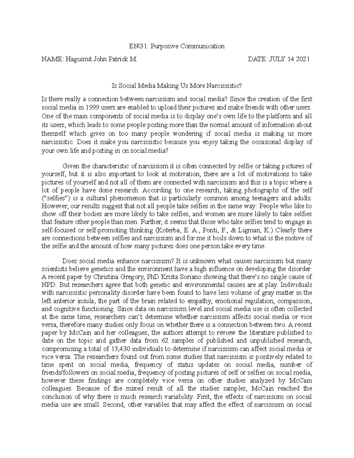 Is Social Media Making Us More Narcissistic - ENG1: Purposive ...