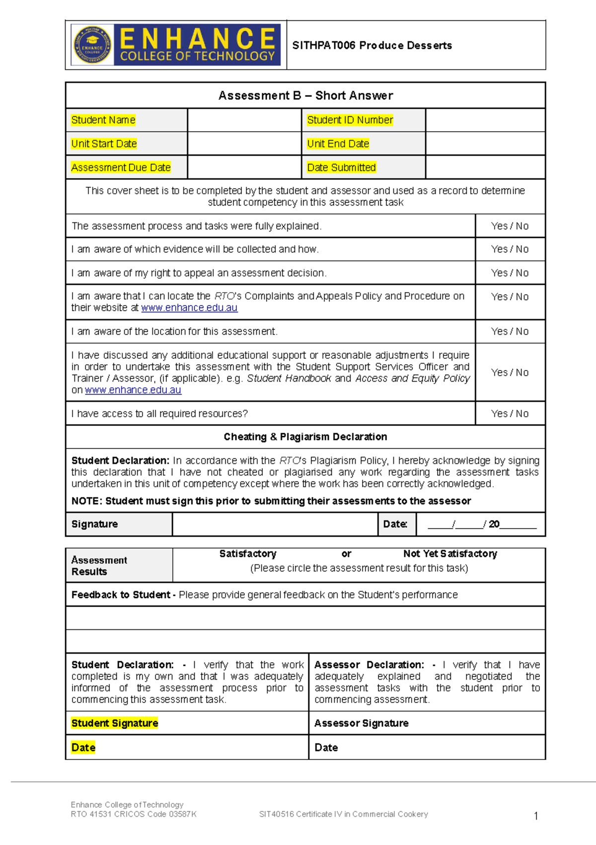 Assessment B Short Answer Sithpat 006 V1 - Assessment B – Short Answer ...