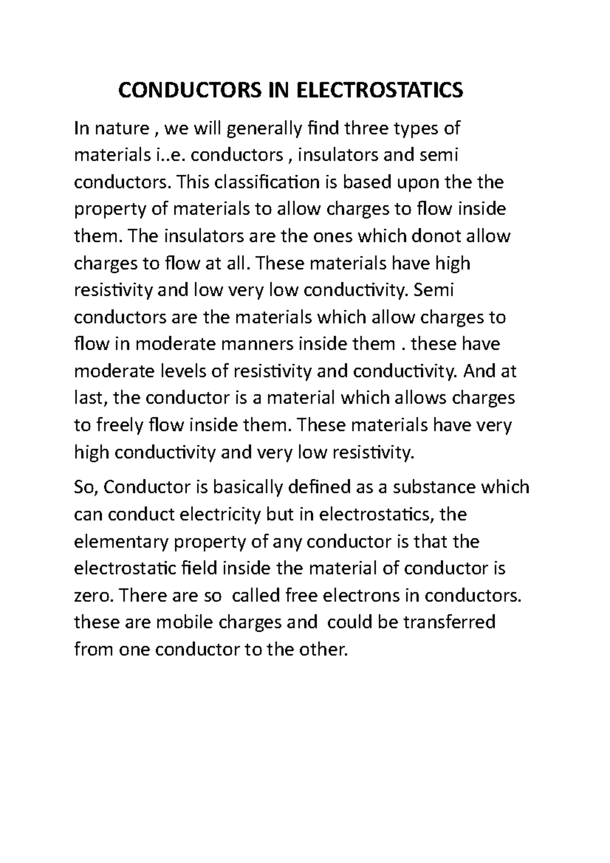 Conductors IN Electrostatics Electricity & II Studocu