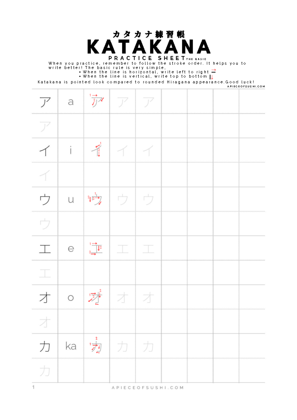 Katakana Practice Sheets 2 1 W H E N Y O U P R A C T I C E R E M E M B E R T O F O L L O W T