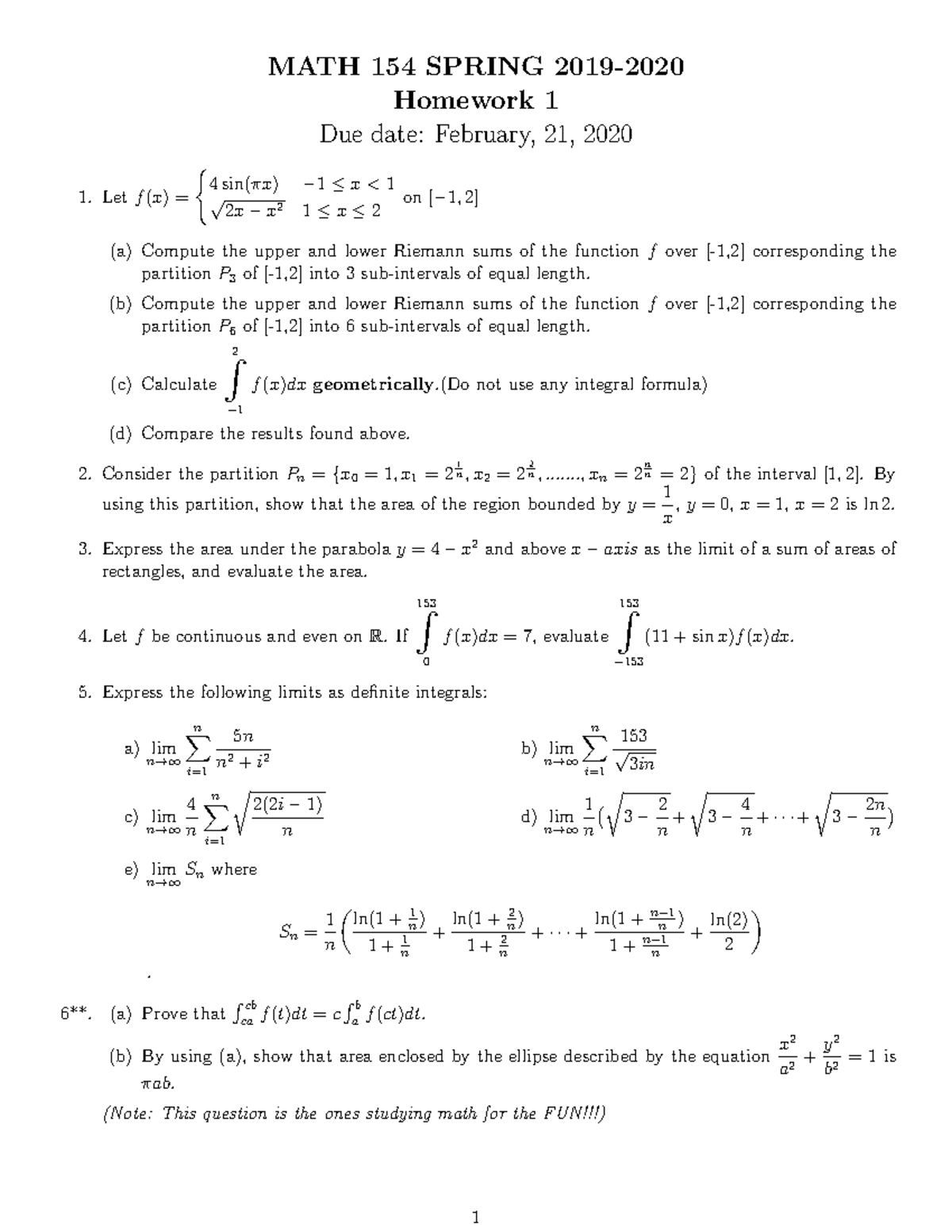 Math154 HW 1 - MATH 154 HOMEWORK ASSIGNMENT NUMBER 1 SPRING SEMESTER ...