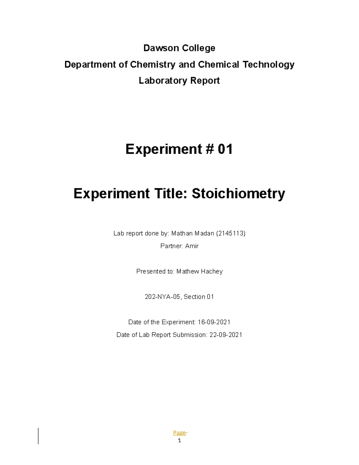 Lab Report #1 - Dawson College Department of Chemistry and Chemical ...