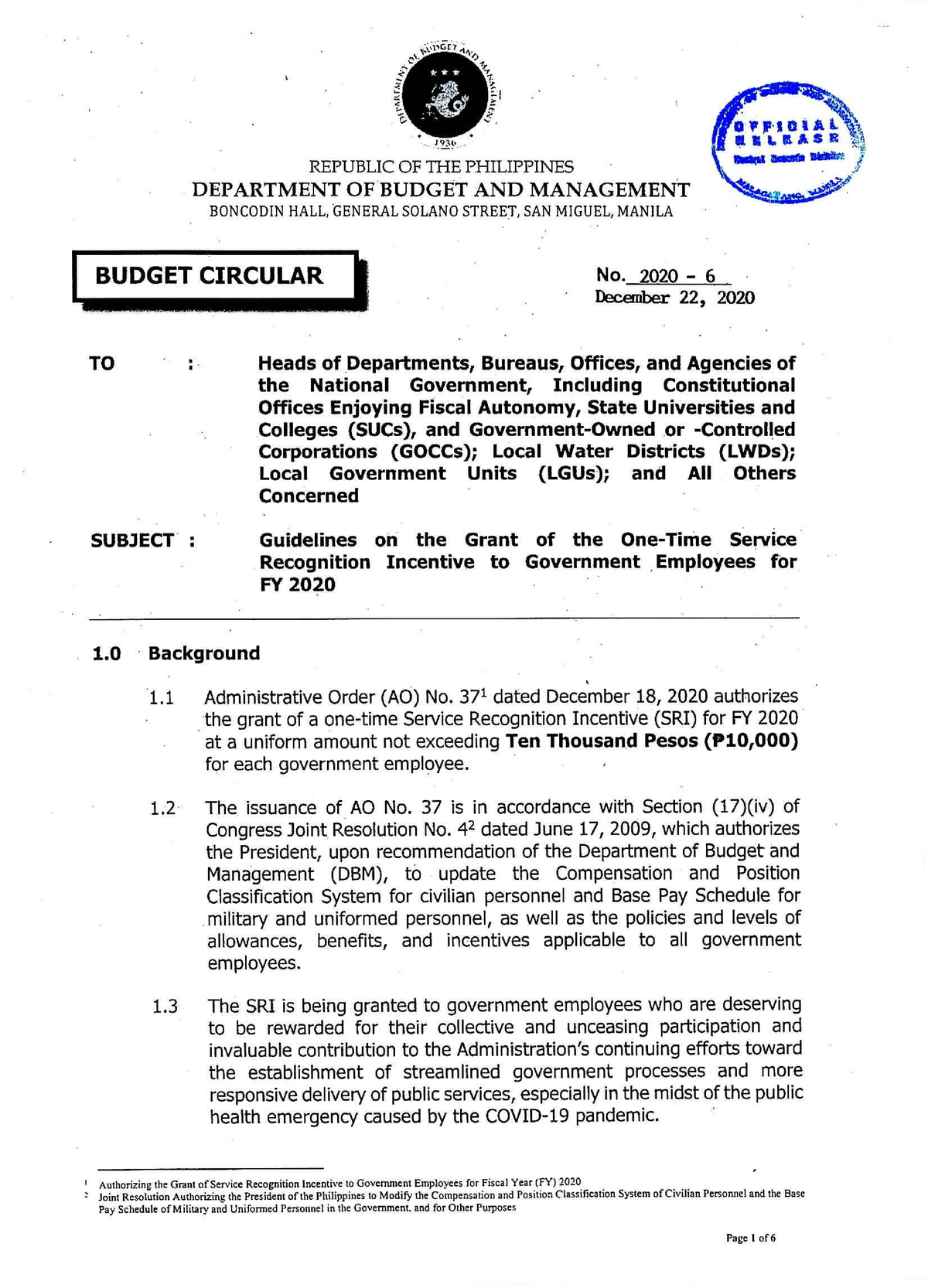 Budget Circular NO 2020 6 - REPUBLIC OF THE PHILIPPINES DEPARTMENT OF ...