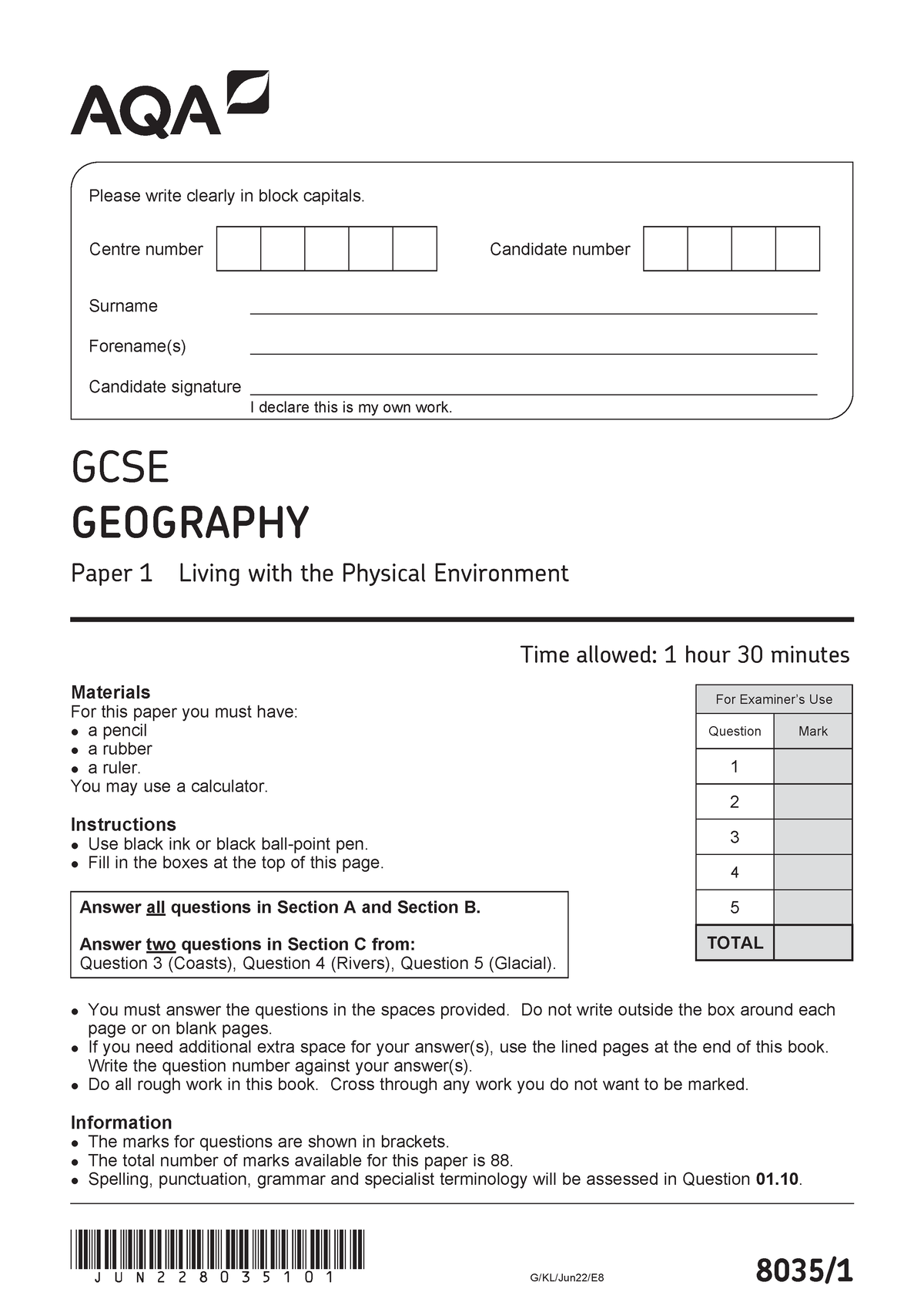 AQA GCSE Geography Paper 1 June 2022 - G/KL/Jun22/E8 8035 ...