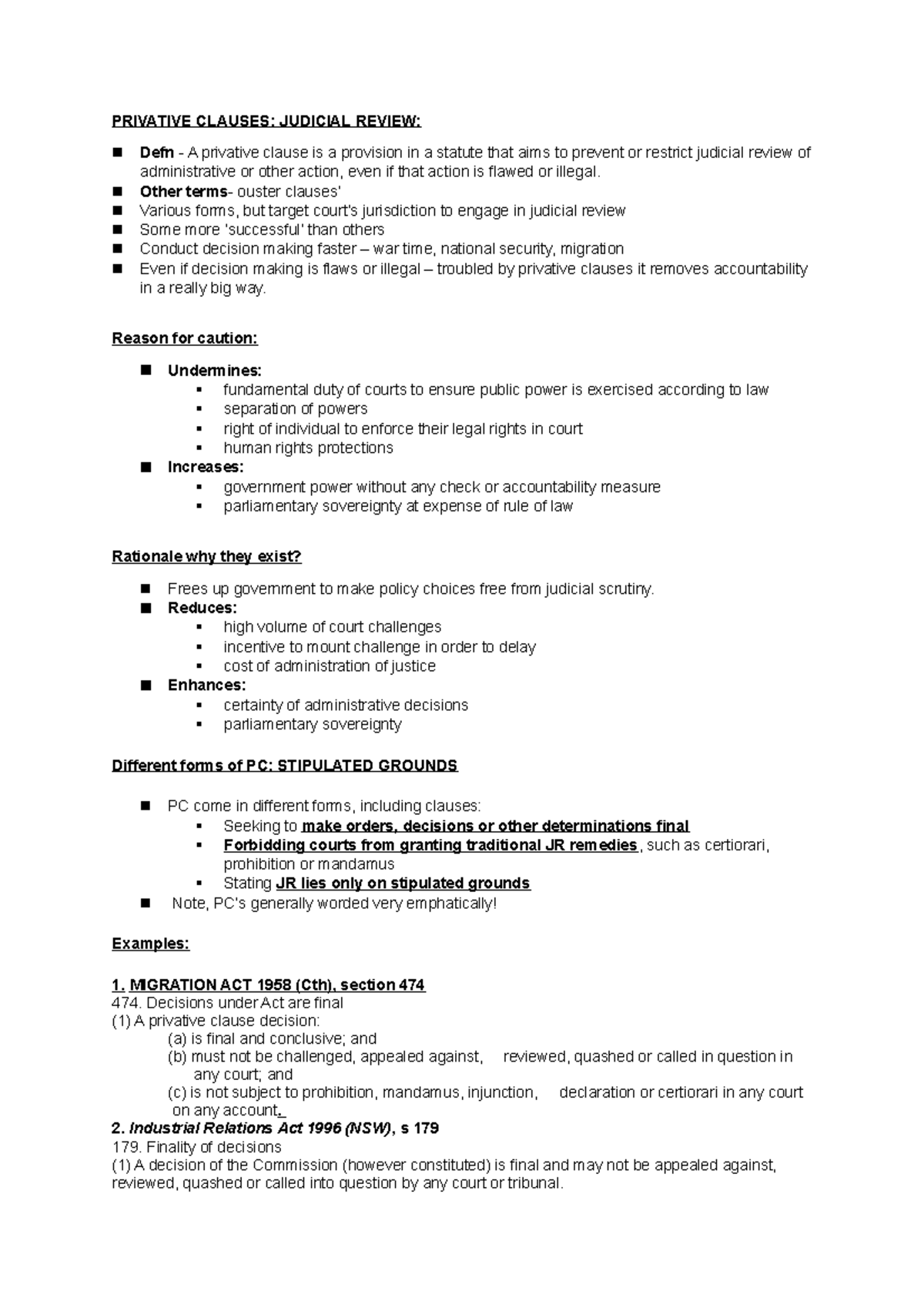 Privative clauses- Admin law notes - PRIVATIVE CLAUSES: JUDICIAL REVIEW ...