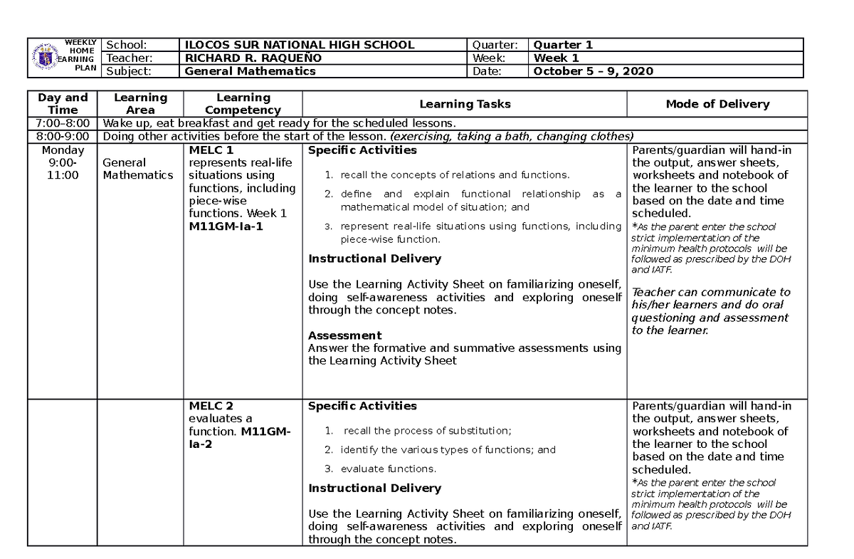 WHLP General Mathematics - Week 1 v1 - WEEKLY HOME LEARNING PLAN Day ...