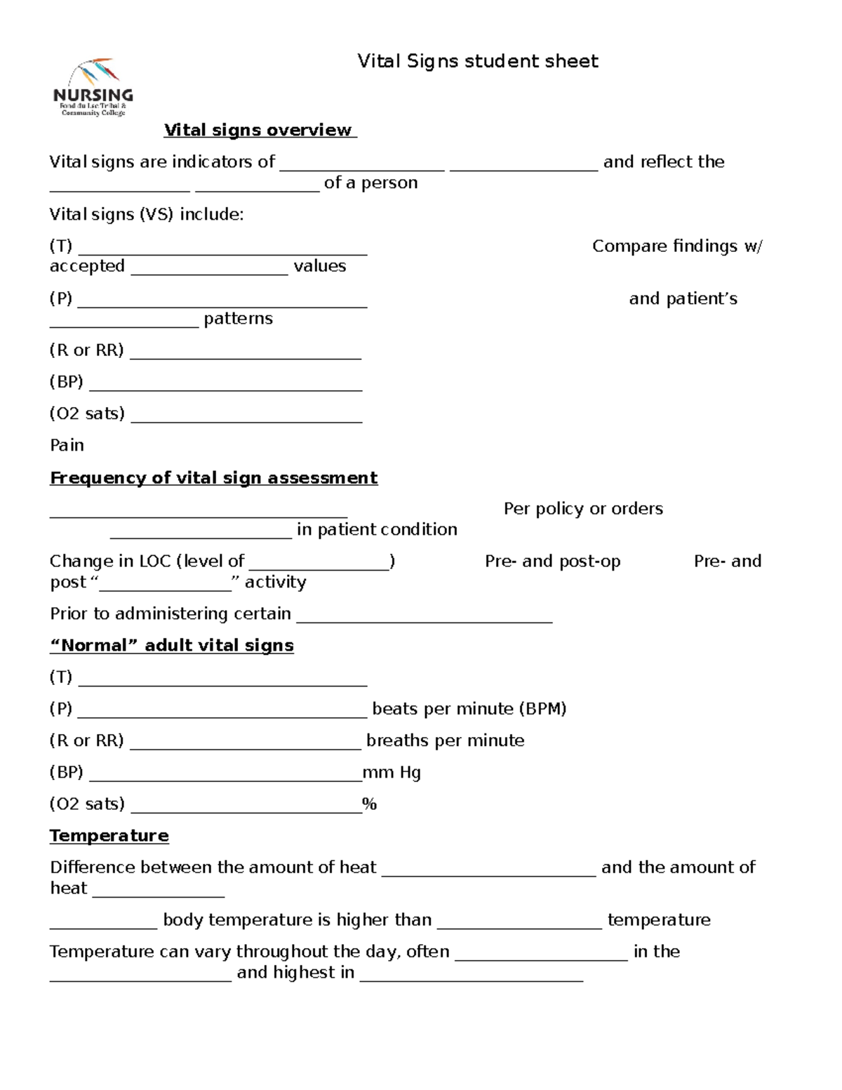 Vital Signs student sheet Vital Signs student sheet Vital signs
