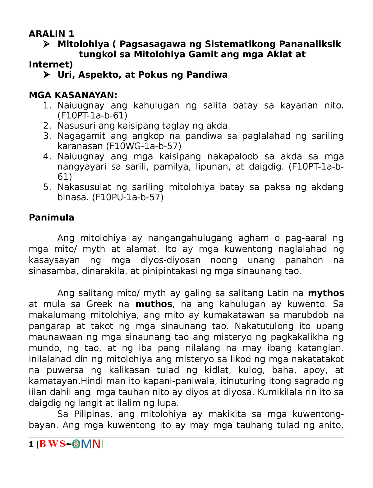 Module 1 - ARALIN 1 Mitolohiya ( Pagsasagawa Ng Sistematikong ...