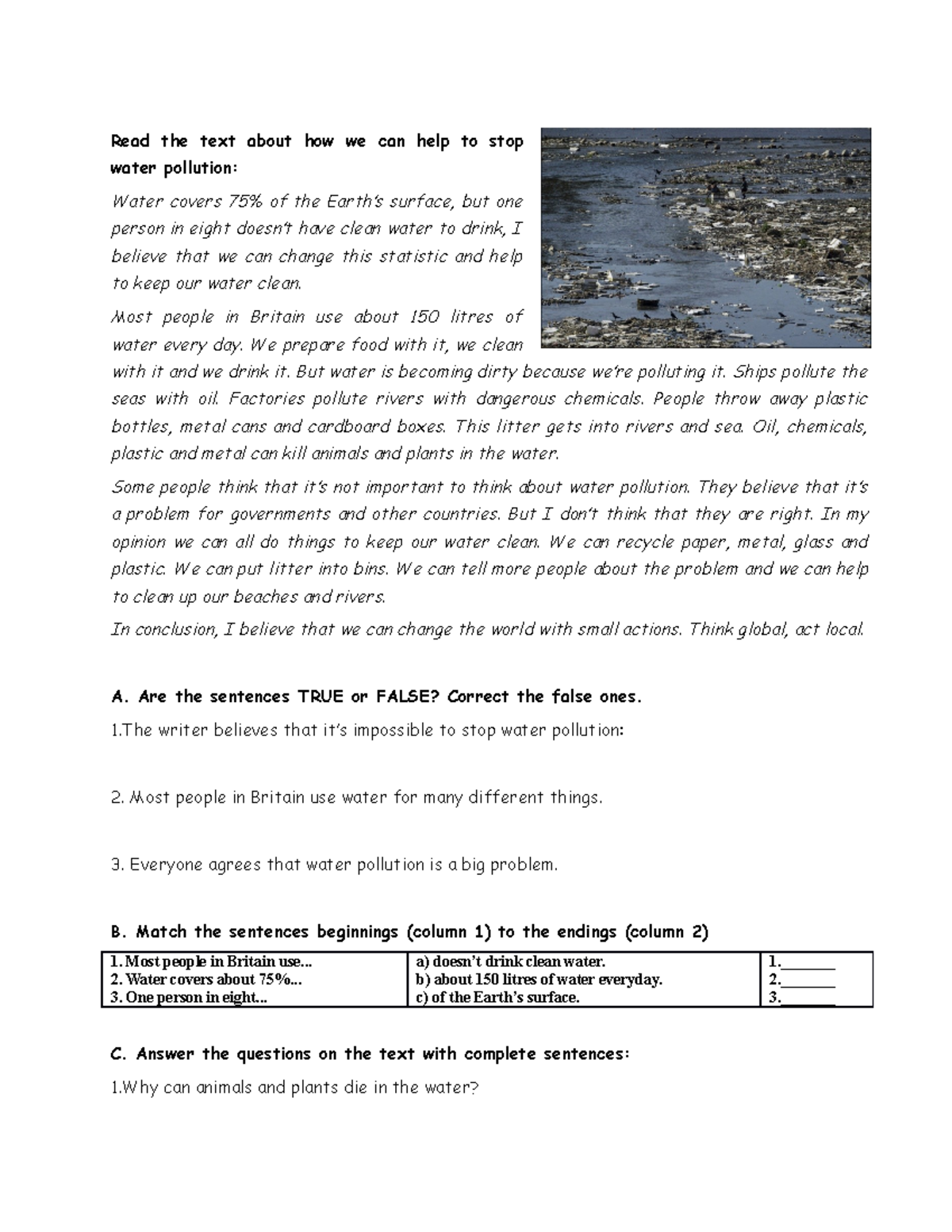 Water pollution reading comprehension Read the text about how we