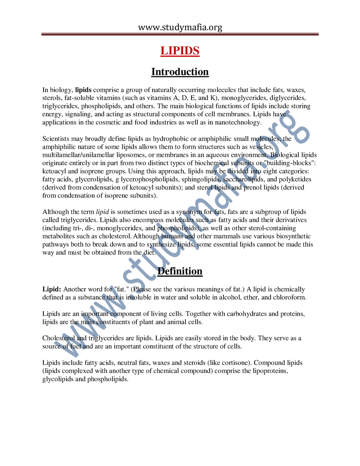 lipids introduction for assignment